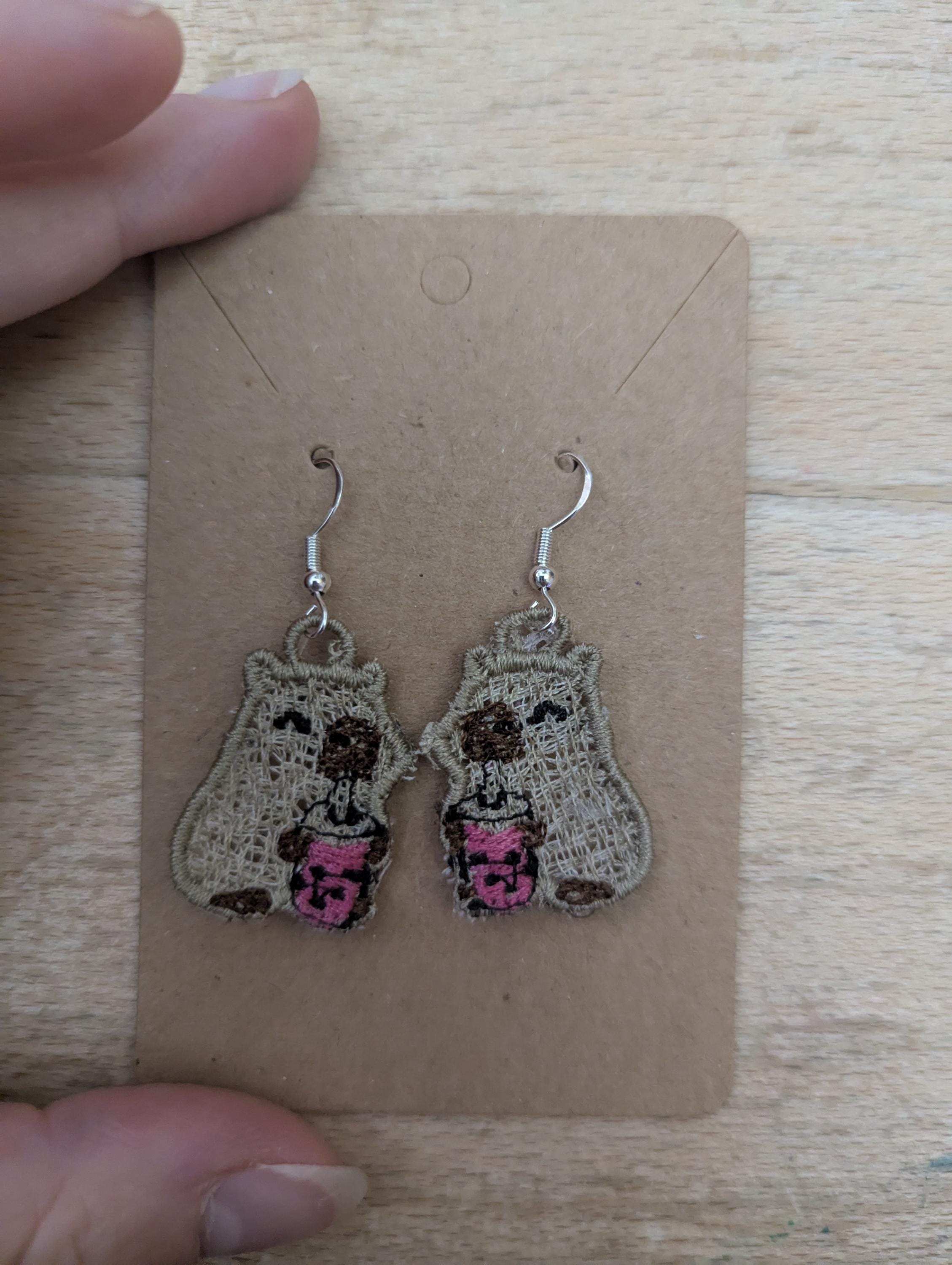 Embroidered Capybara Bubble Tea Earrings: Sterling Silver Hooks