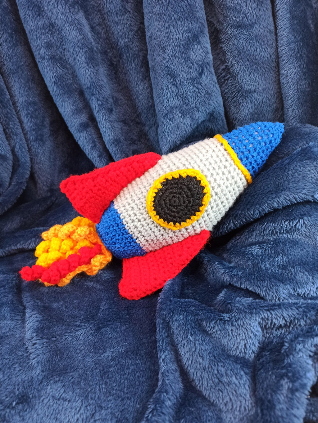 Cuddly Rocket crochet soft plush toy, plushies outer space, spacecraft, space planets moon stars