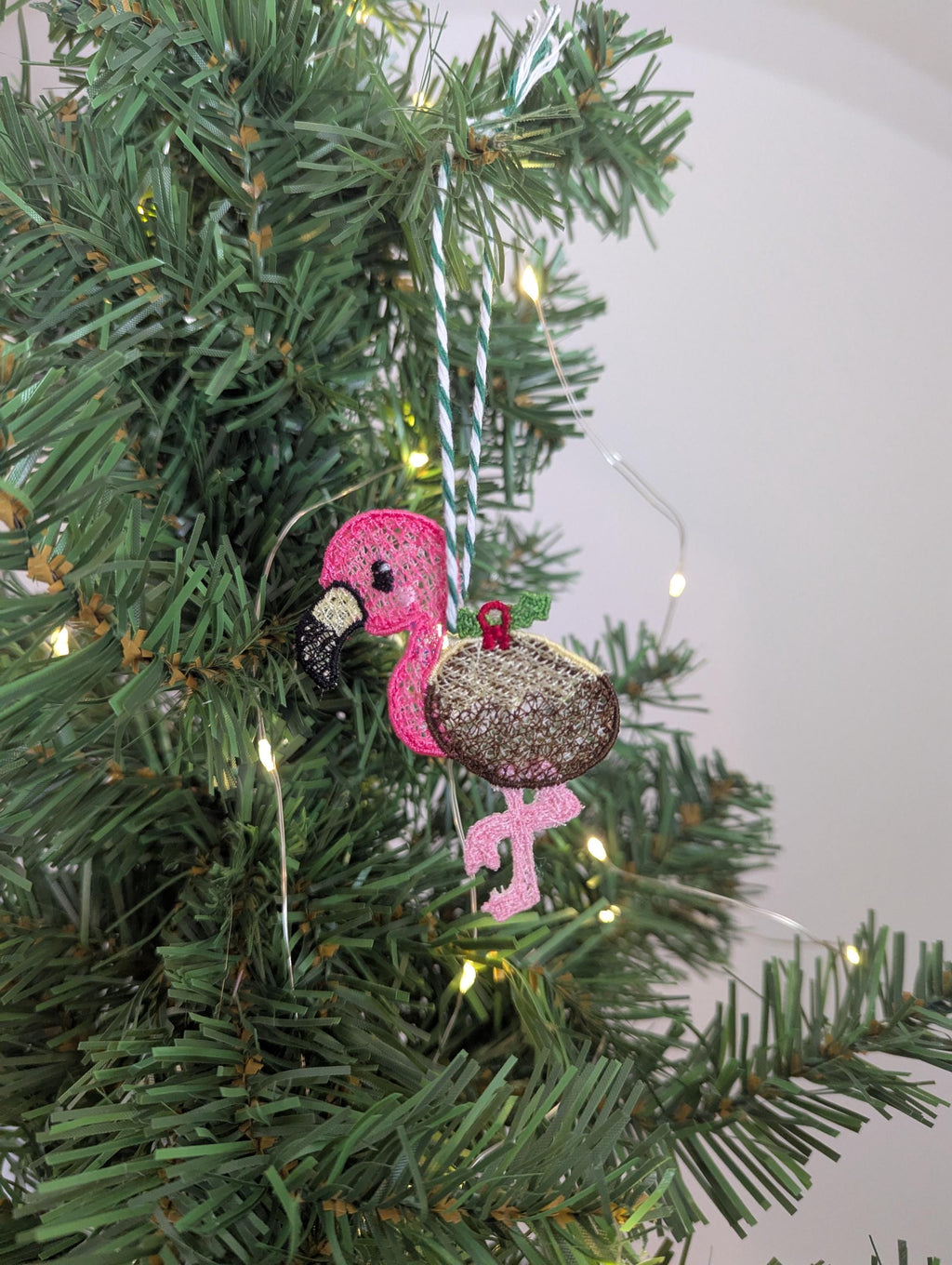 Embroidered hanging Flamingo Christmas decorations, machine embroidery