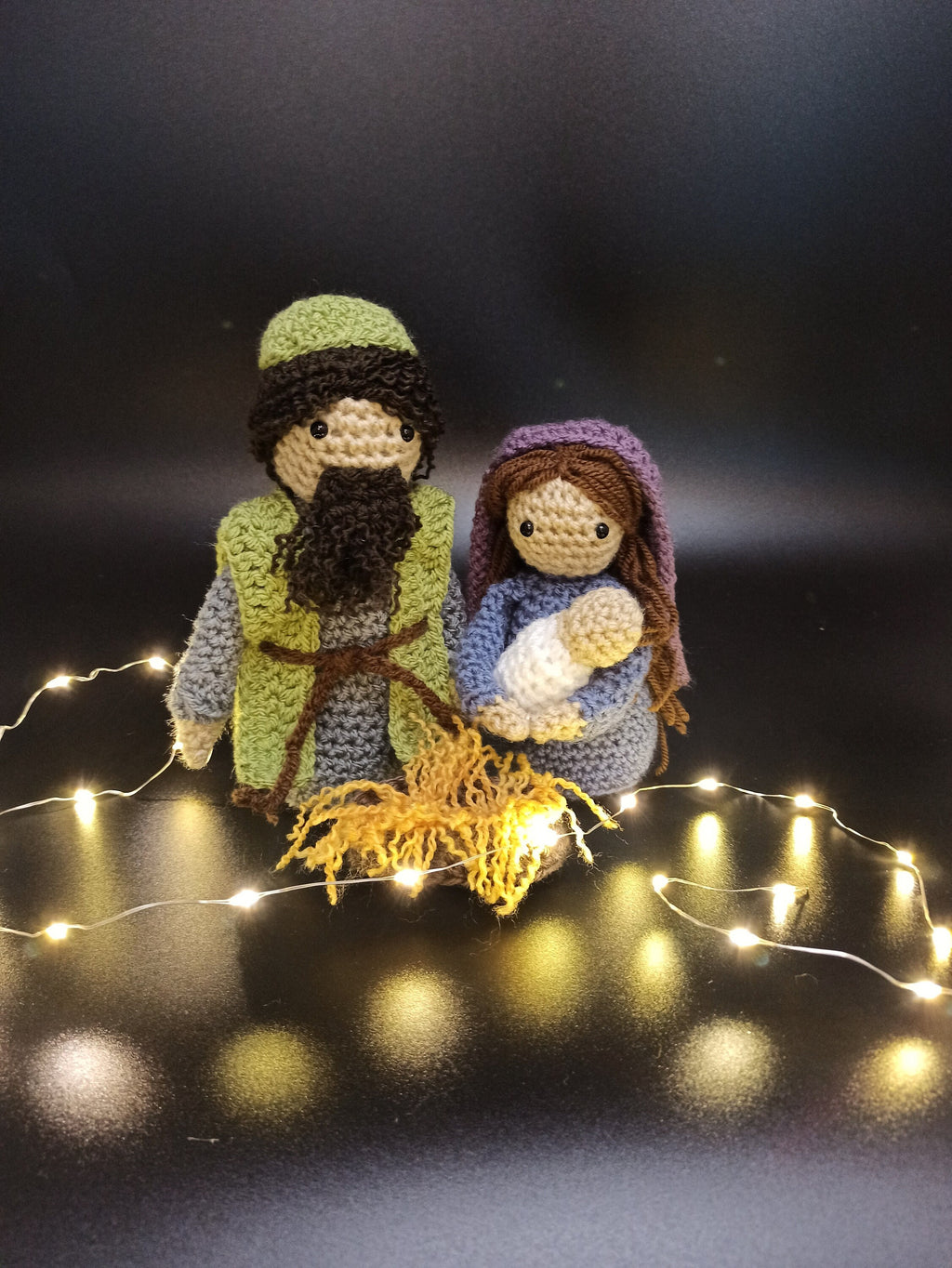 Handmade Crochet Nativity Set: Mary, Joseph, Jesus, Manger