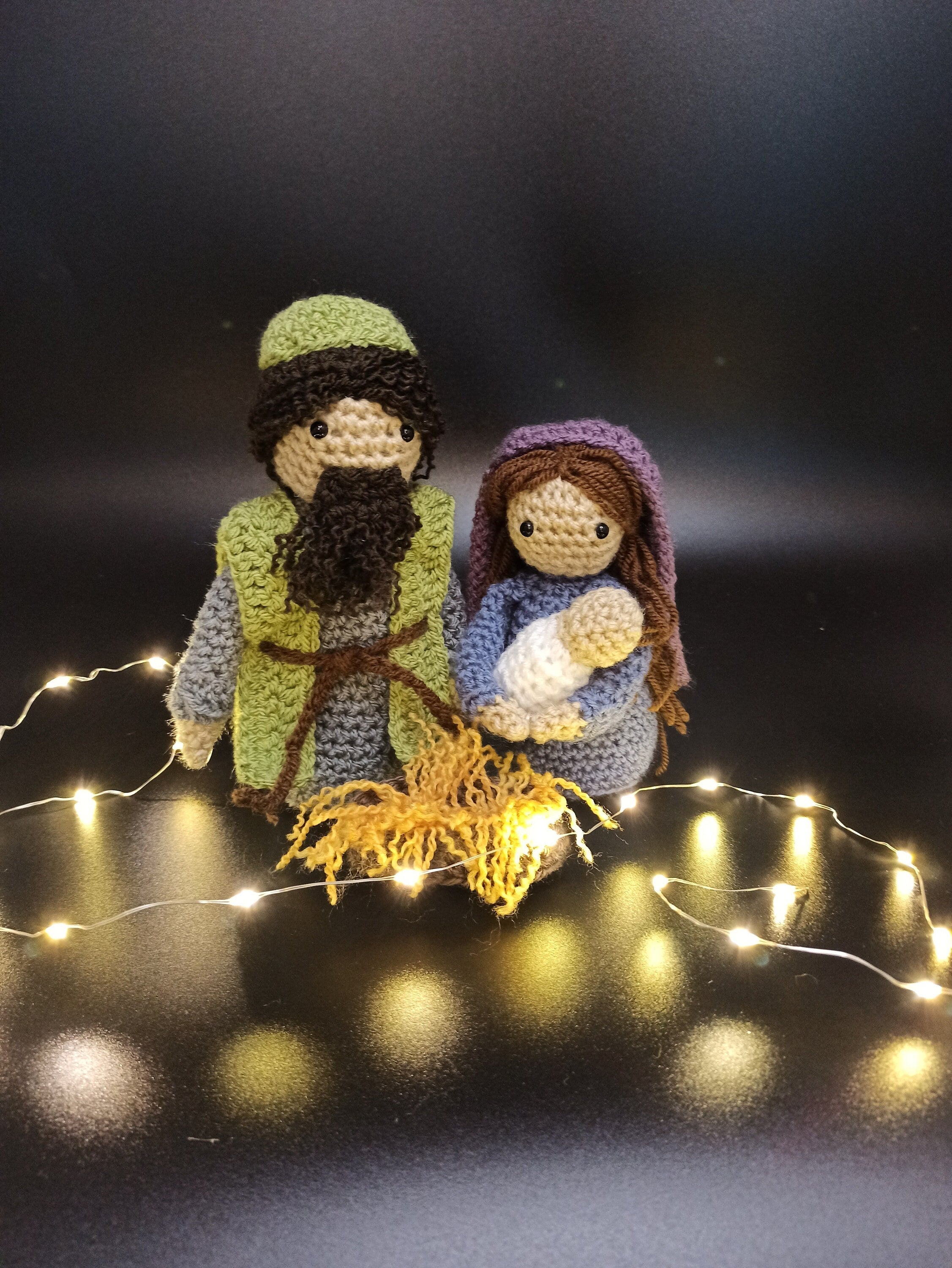 Handmade Crochet Nativity Set: Mary, Joseph, Jesus, Manger