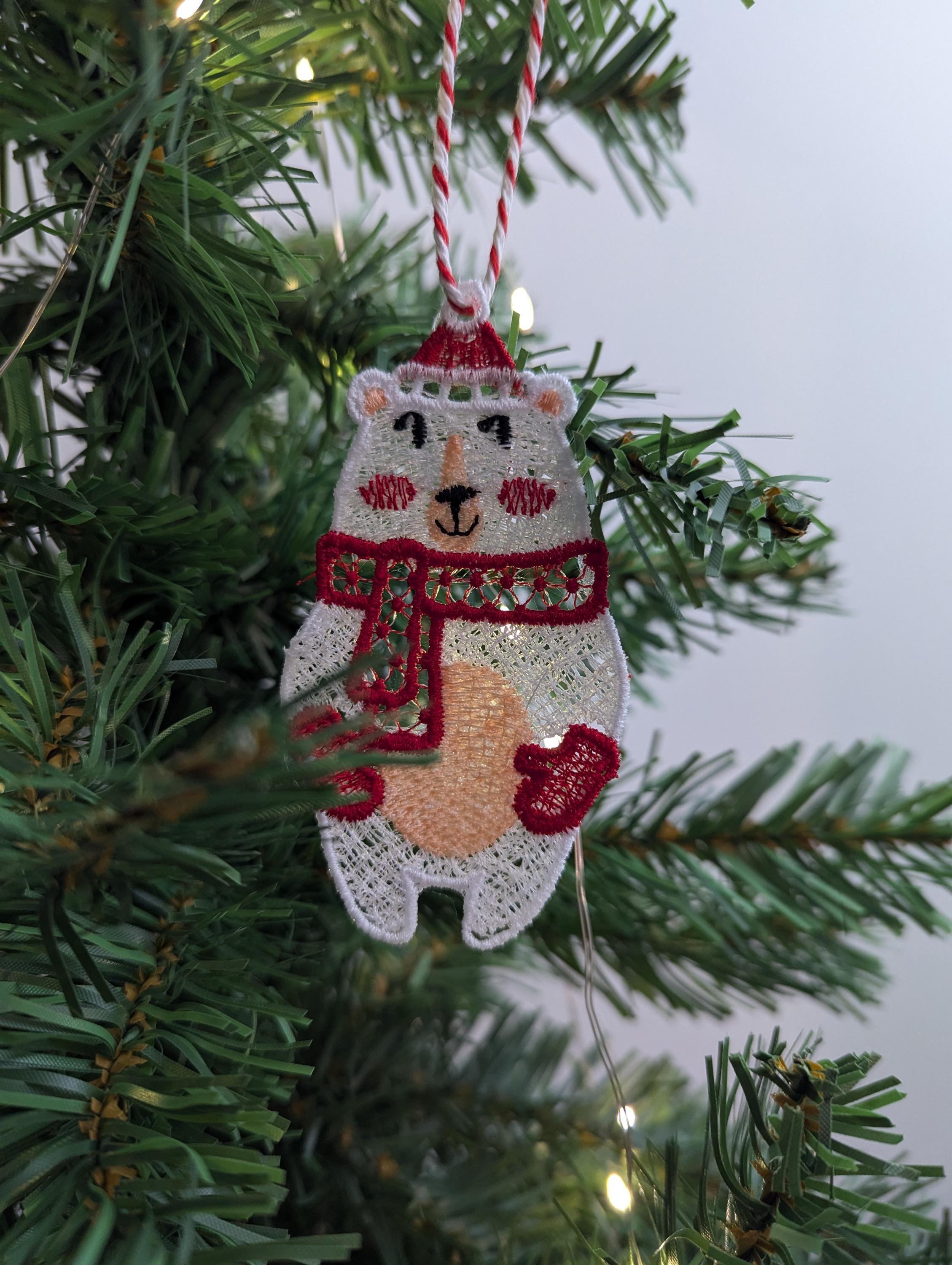 Embroidered Lace Polar Bear Christmas Ornament