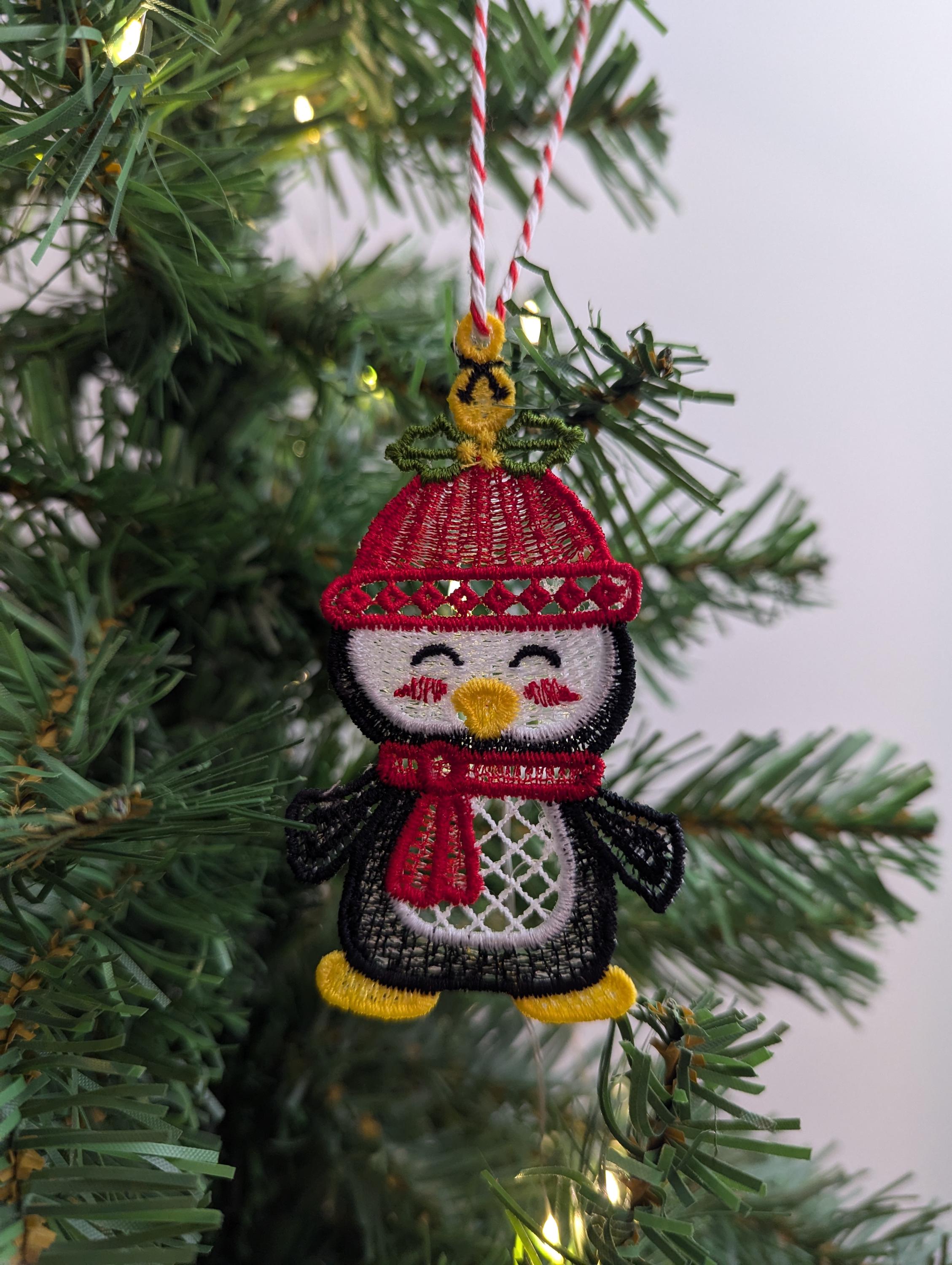 Embroidered Christmas Penguin Ornament: Hanging Decoration