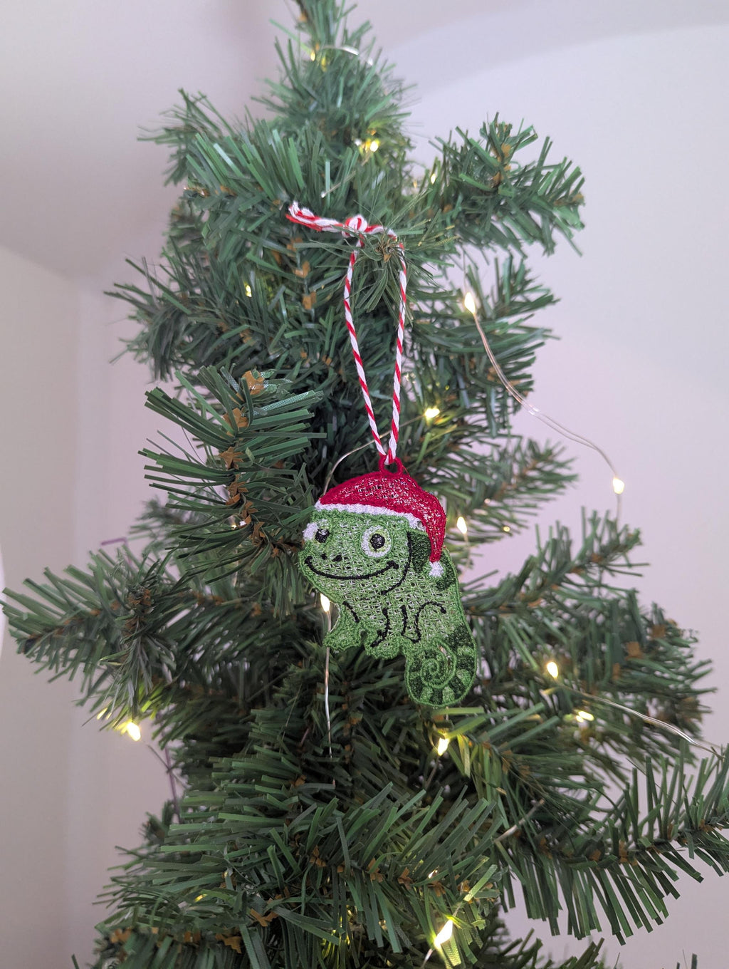 Embroidered hanging Chameleon for the christmas tree, fun playful decoration