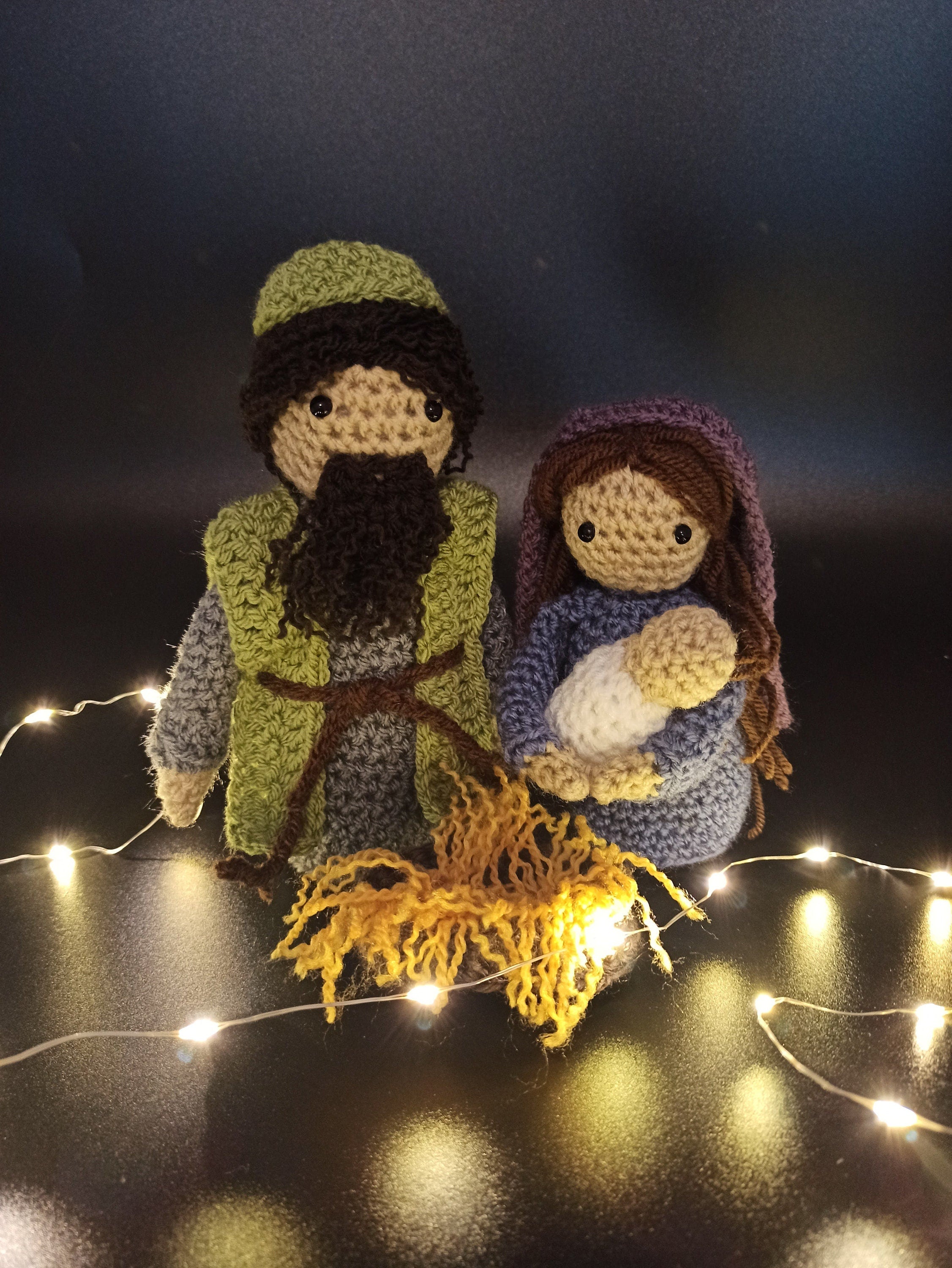 Handmade Crochet Nativity Set: Mary, Joseph, Jesus, Manger
