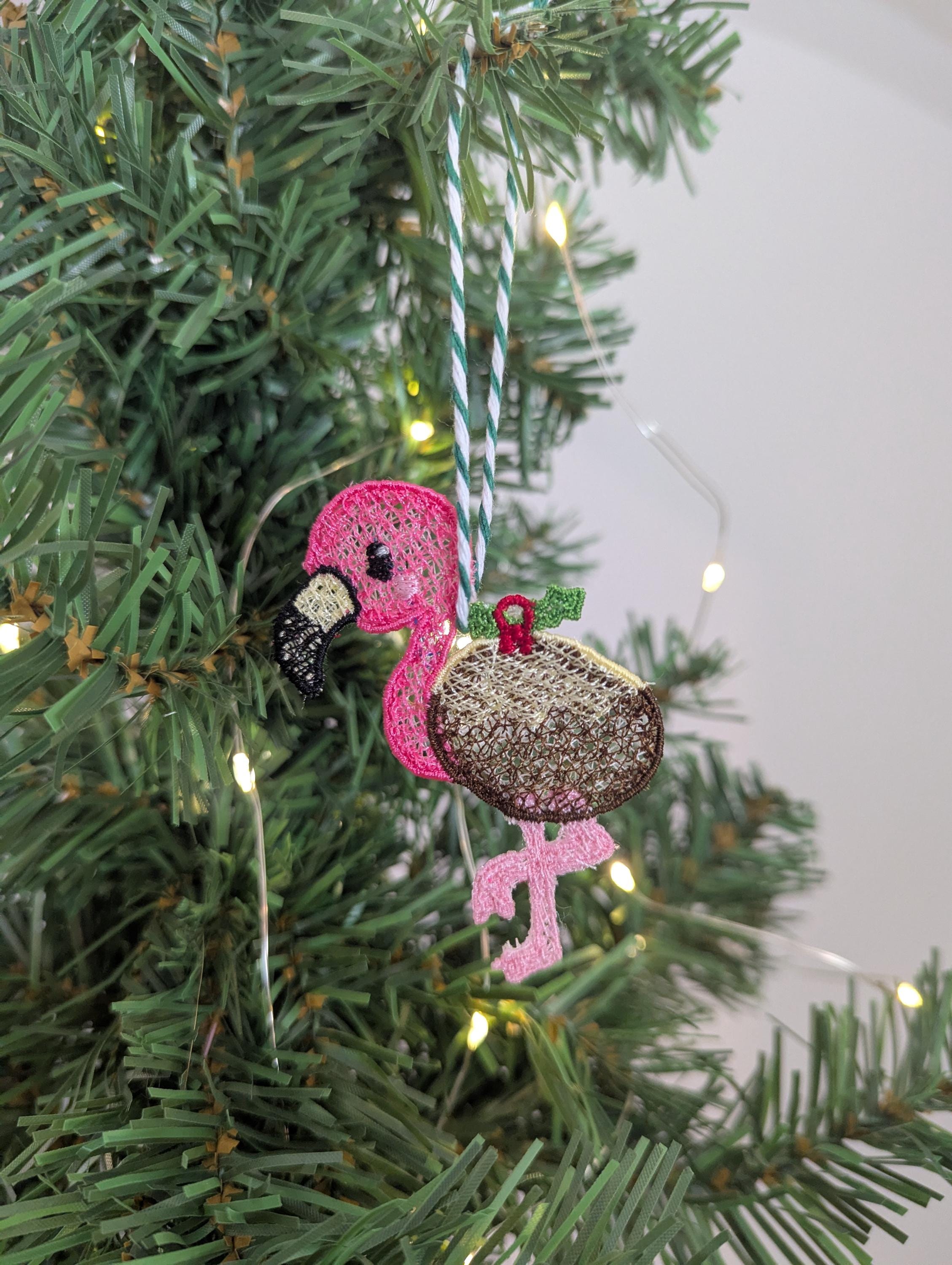 Embroidered hanging Flamingo Christmas decorations, machine embroidery