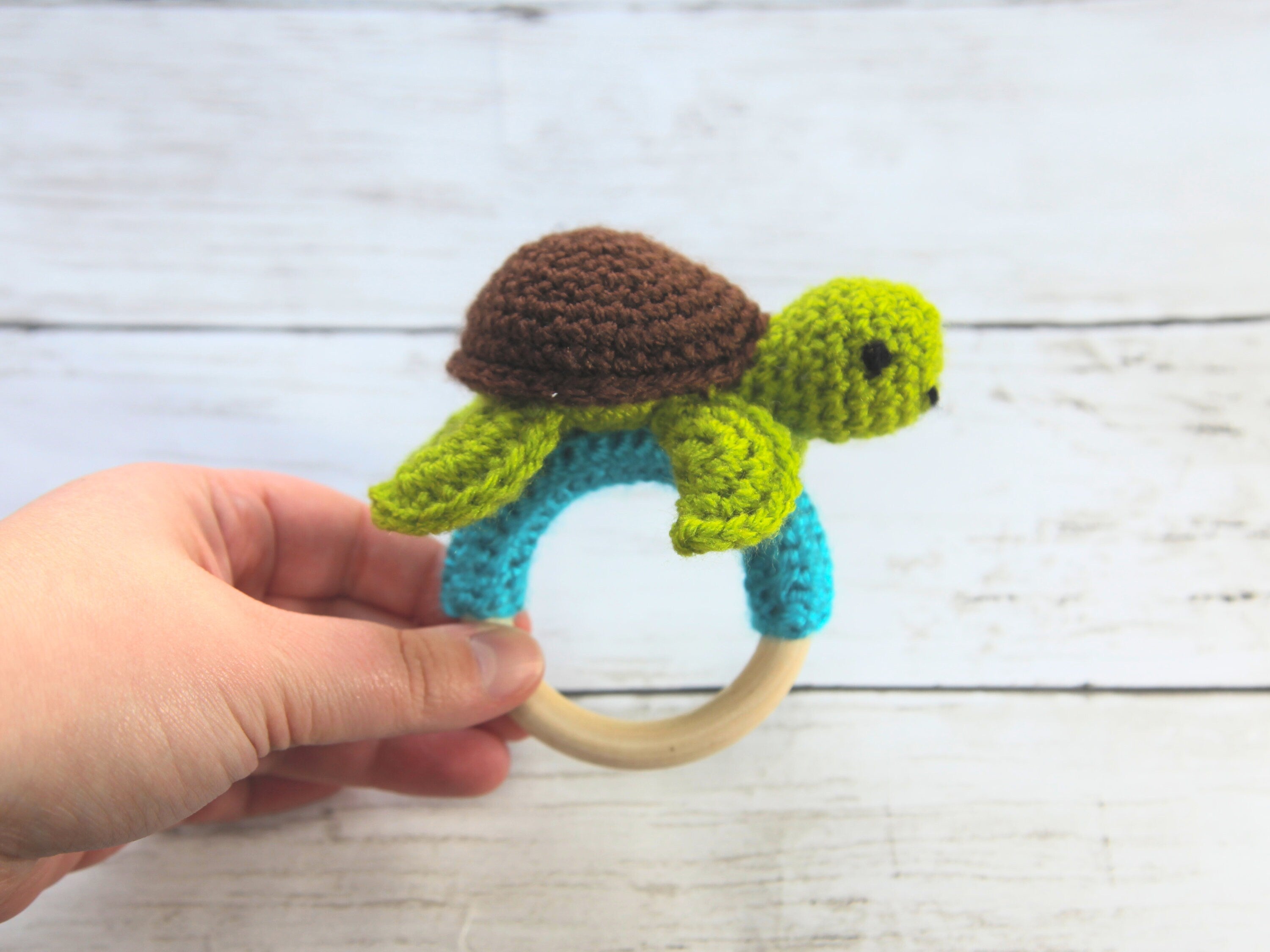 Crochet Turtle Teething Ring, Rattle, Wooden Baby Teether