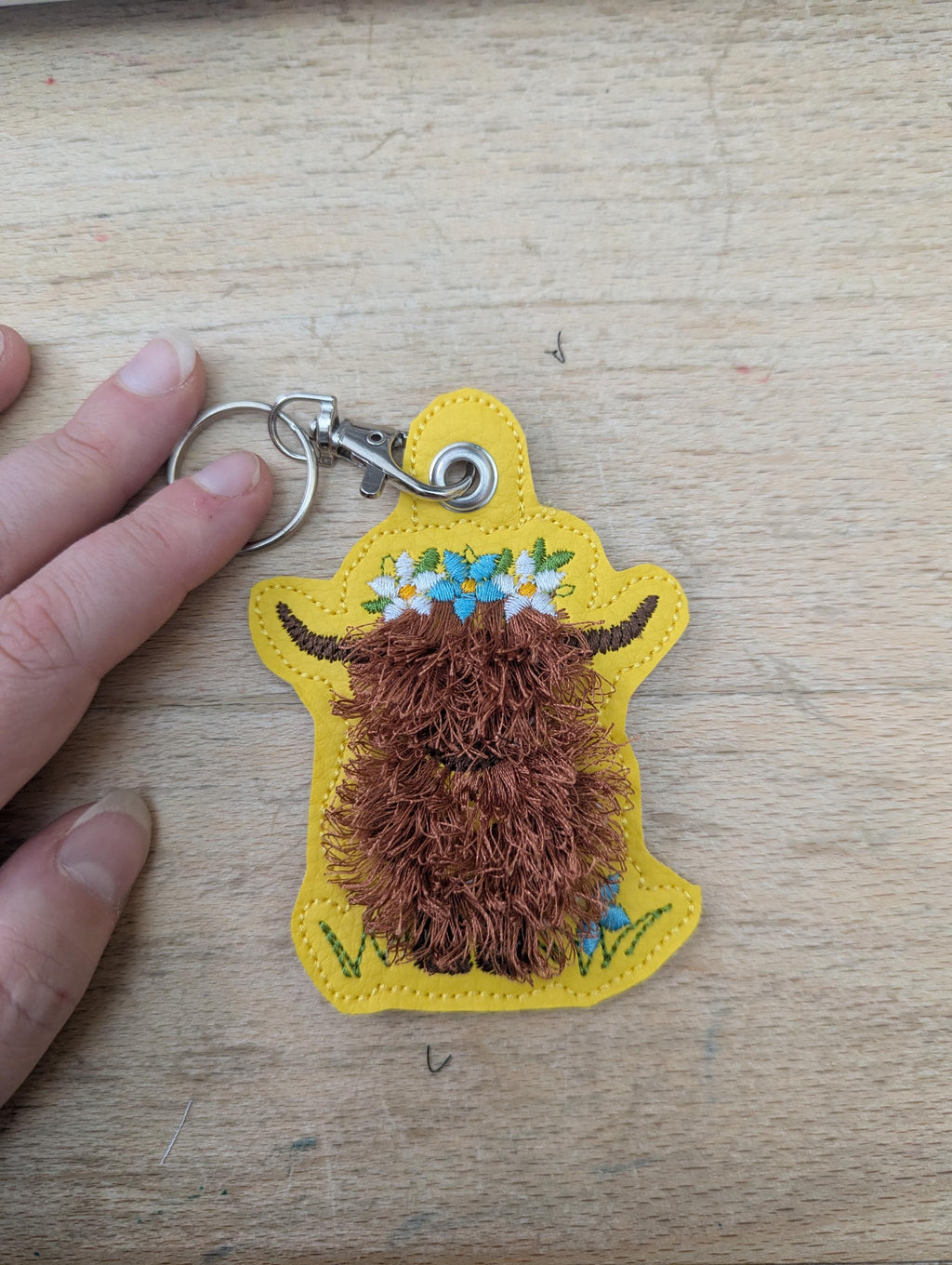Highland cow keychain, machine embroidered keyring