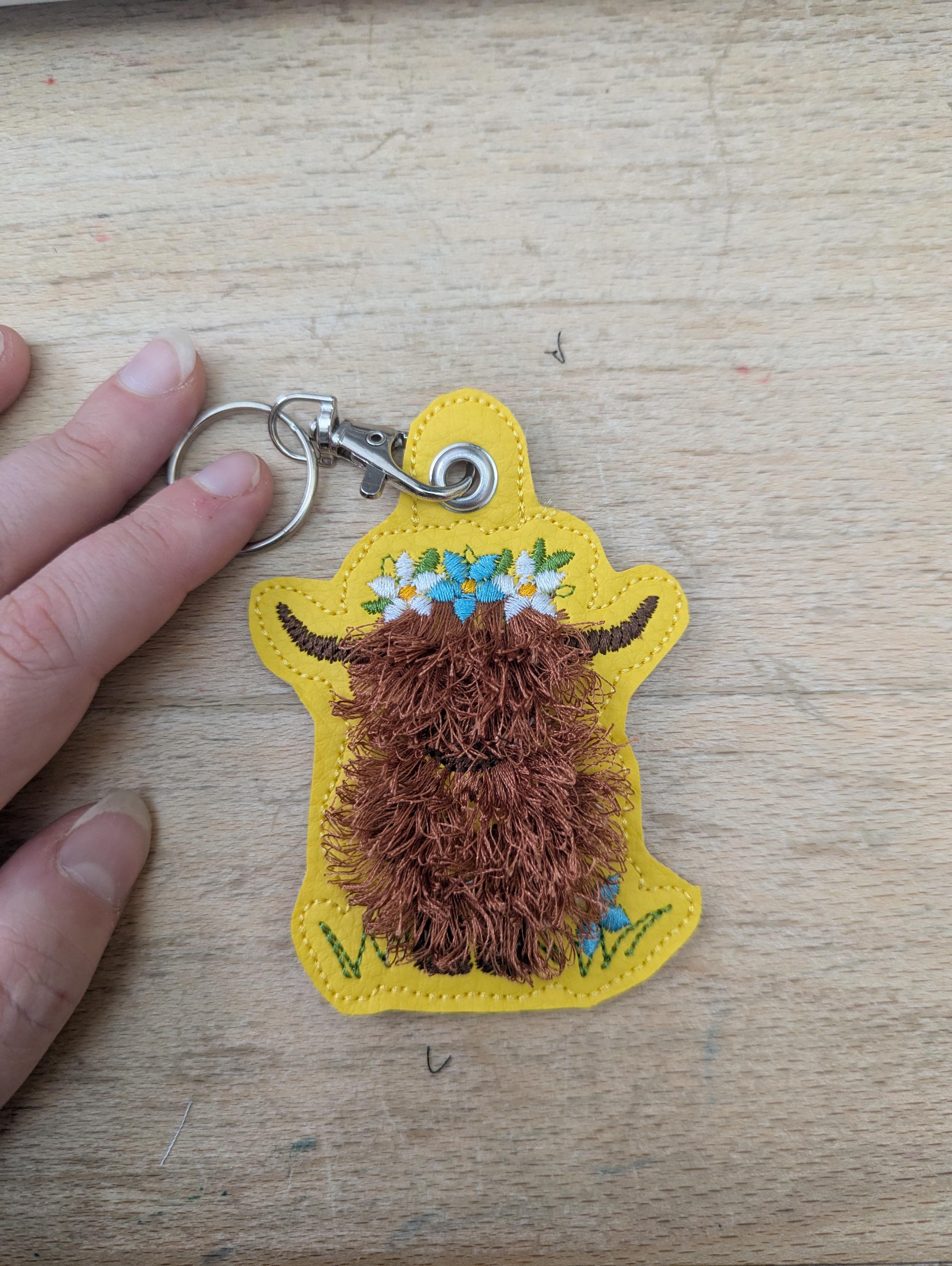 Highland cow keychain, machine embroidered keyring