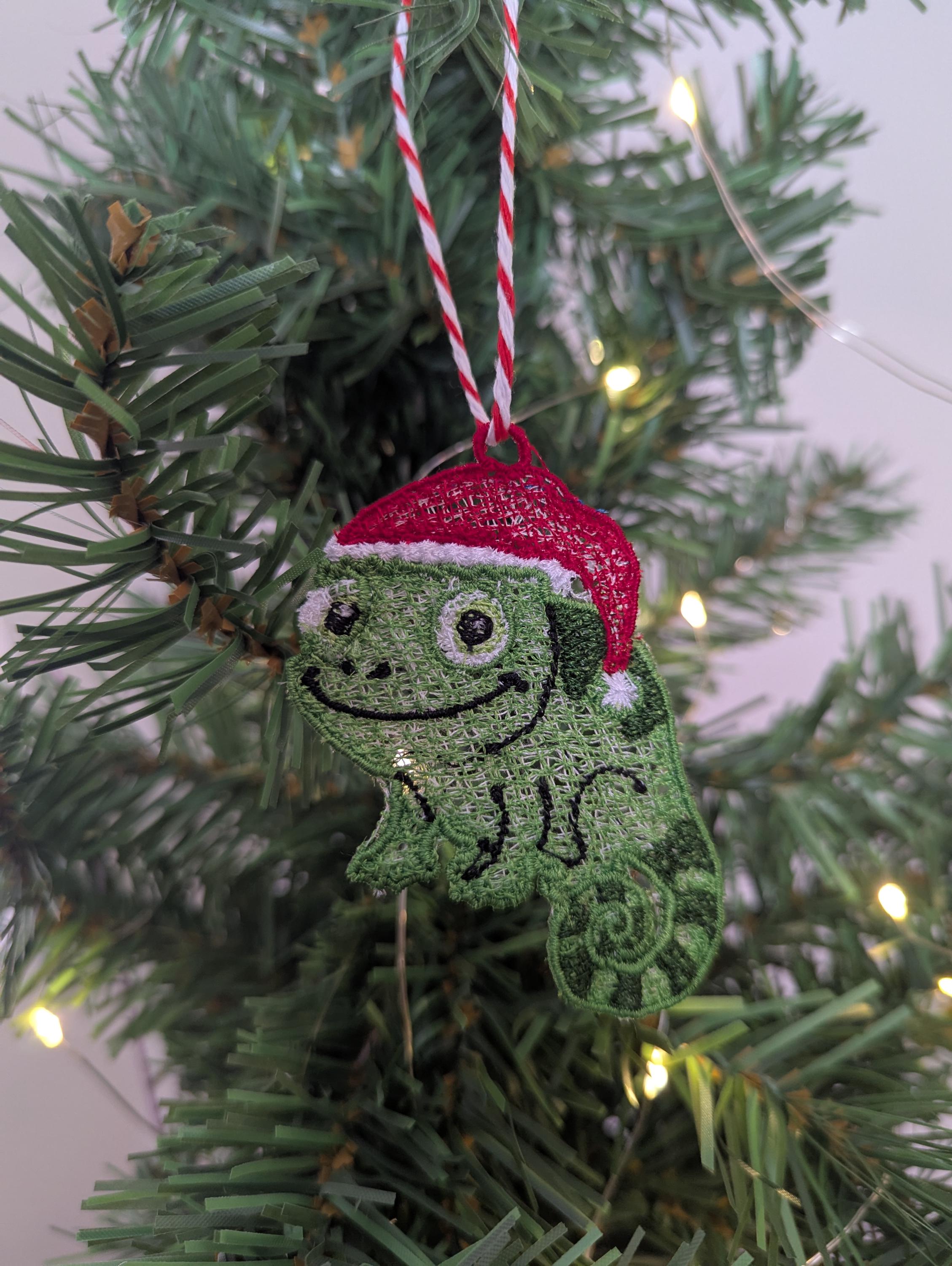 Embroidered hanging Chameleon for the christmas tree, fun playful decoration