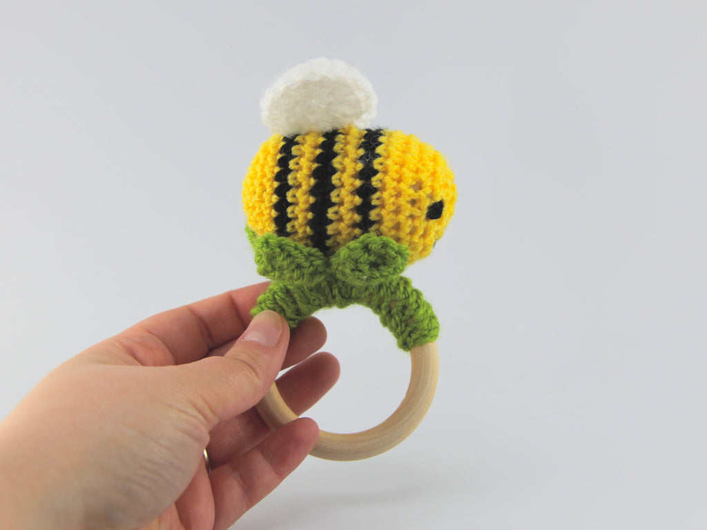 Crochet Bumblebee Wooden Teething Ring, Baby Shower Gift