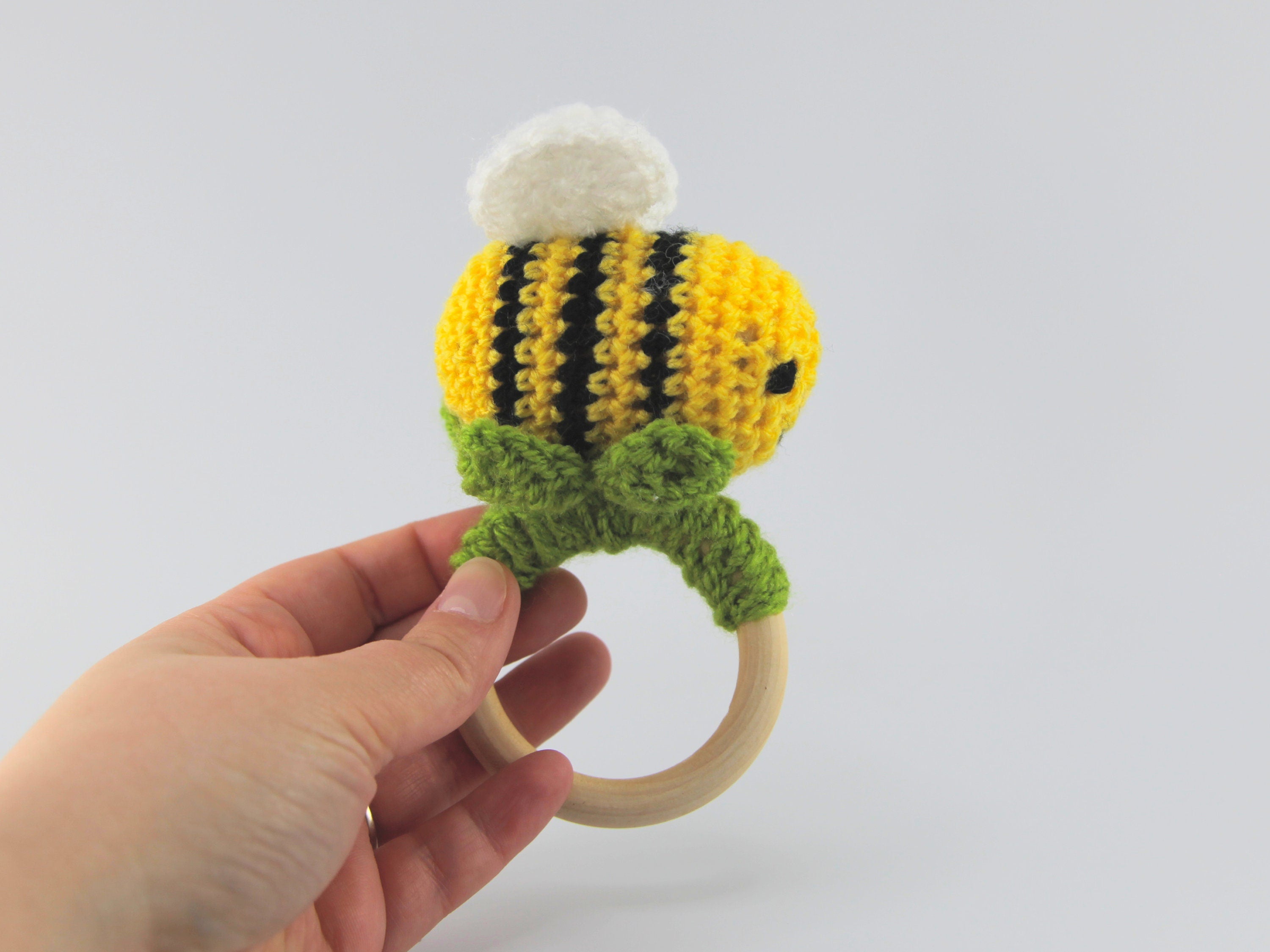 Crochet Bumblebee Wooden Teething Ring, Baby Shower Gift