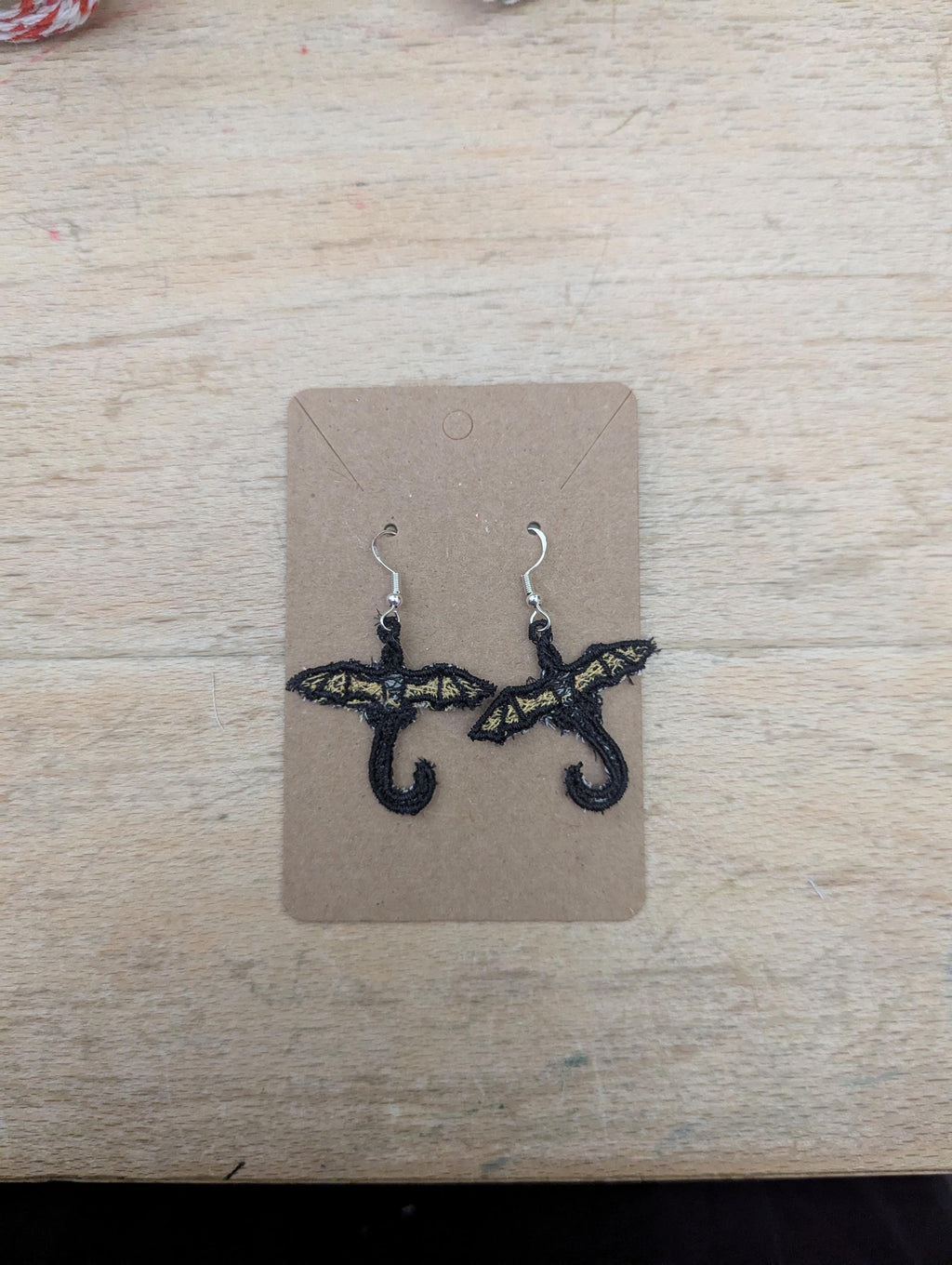 Dragon earrings, machine embroidered gift for women girls,  present jewellery drop dangle earrings