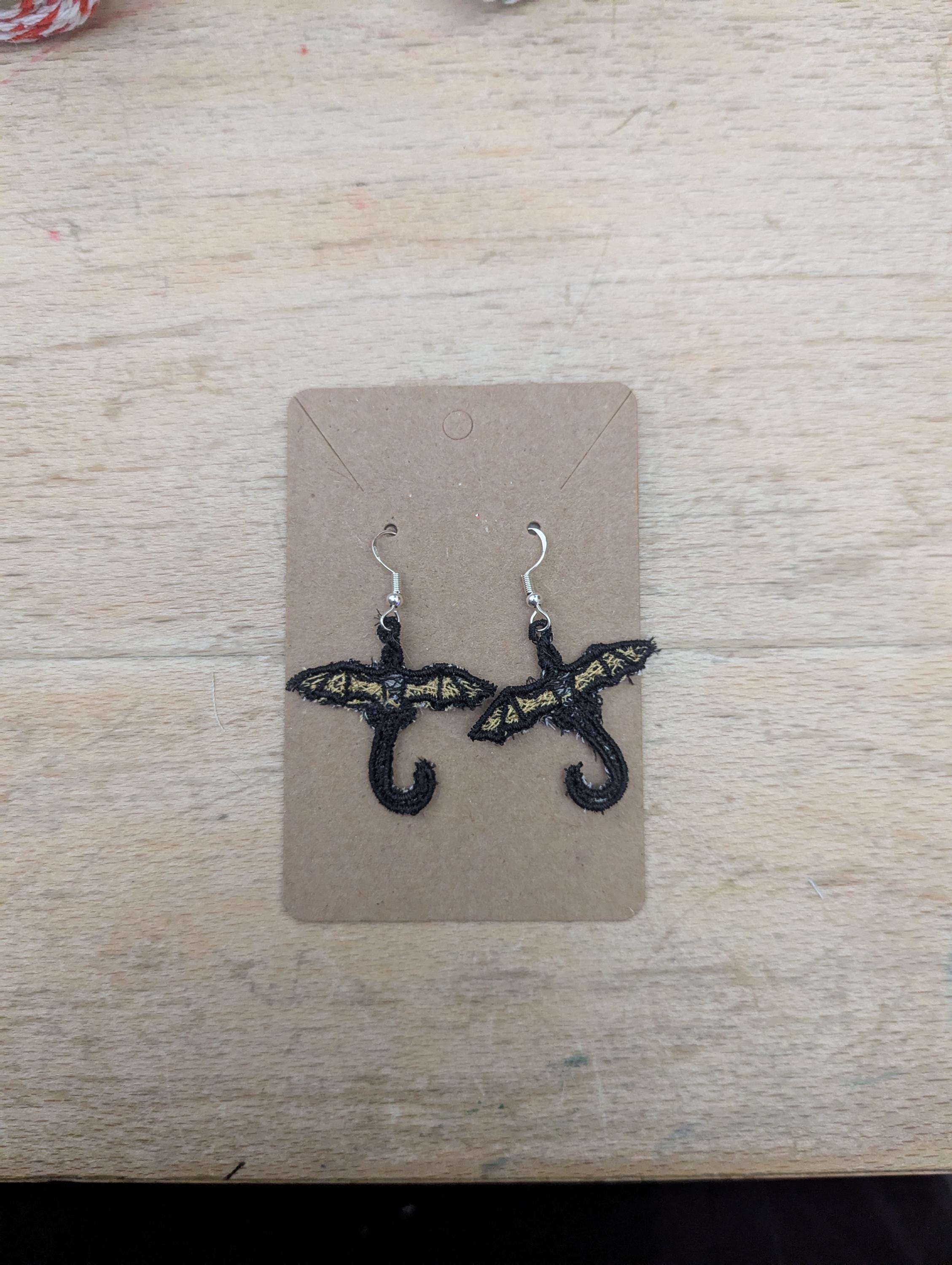 Dragon earrings, machine embroidered gift for women girls,  present jewellery drop dangle earrings