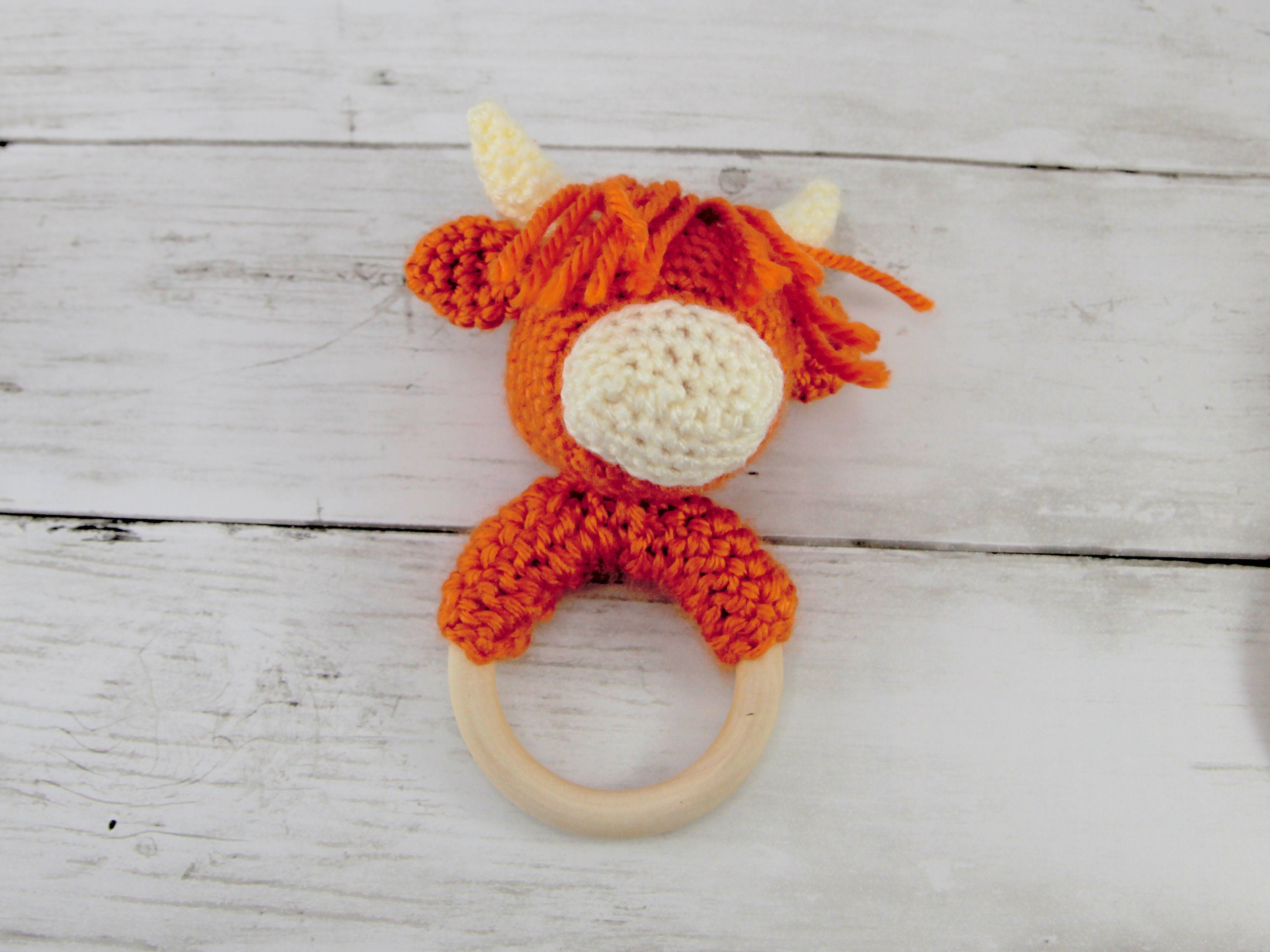 Crochet Highland Cow Teether Rattle, Wooden Teething Ring