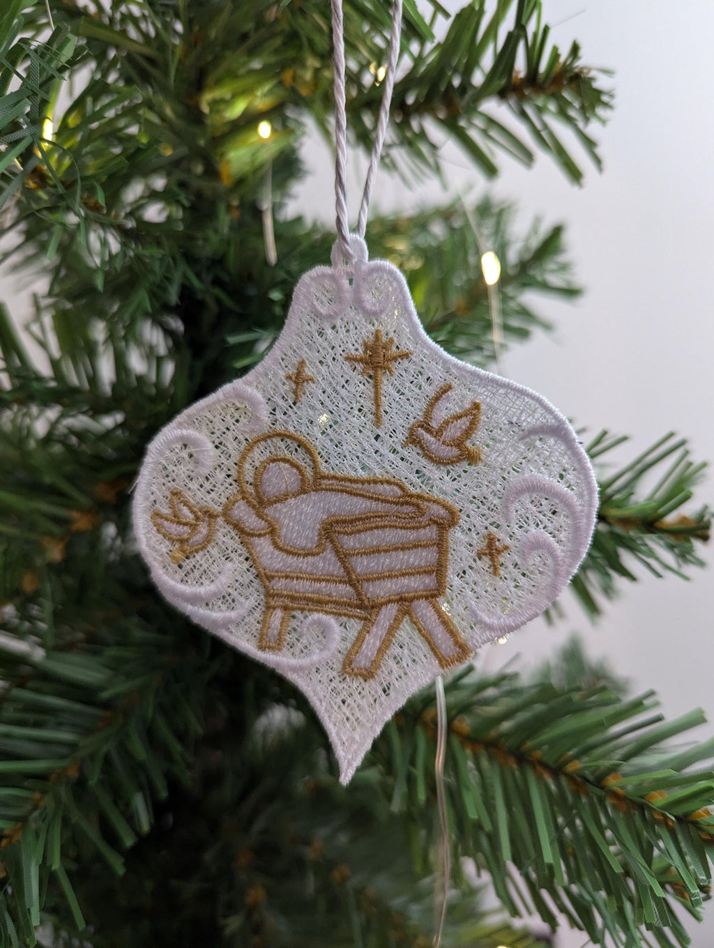 Hanging nativity decoration, machine embroidery, first Christmas