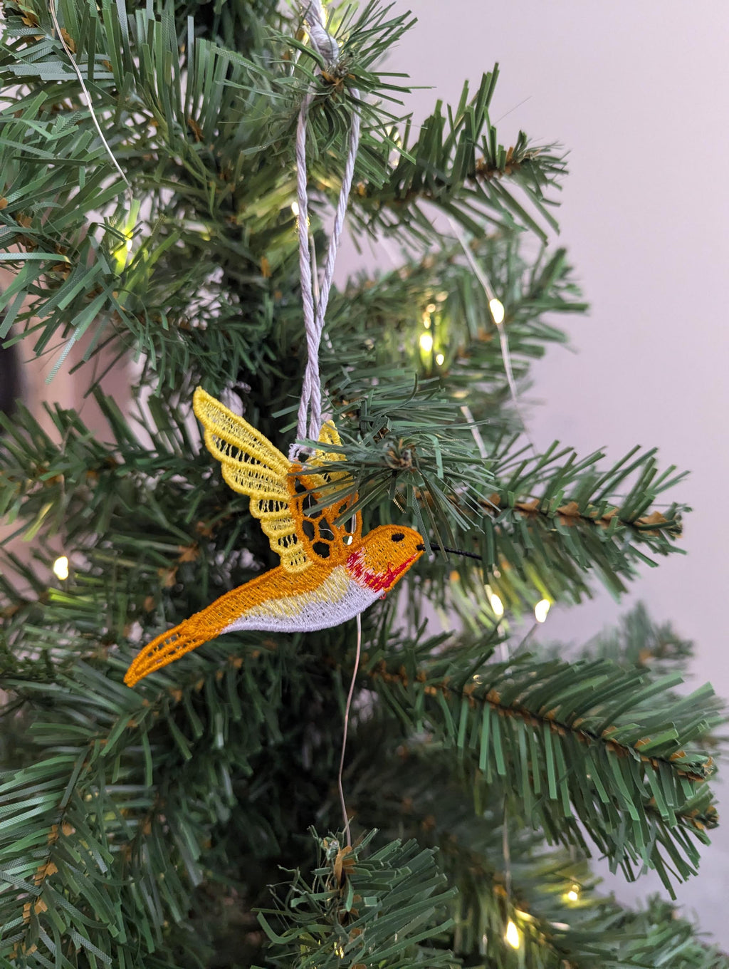 Lace Hummingbird Ornament: Machine Embroidery Hanging Decoration