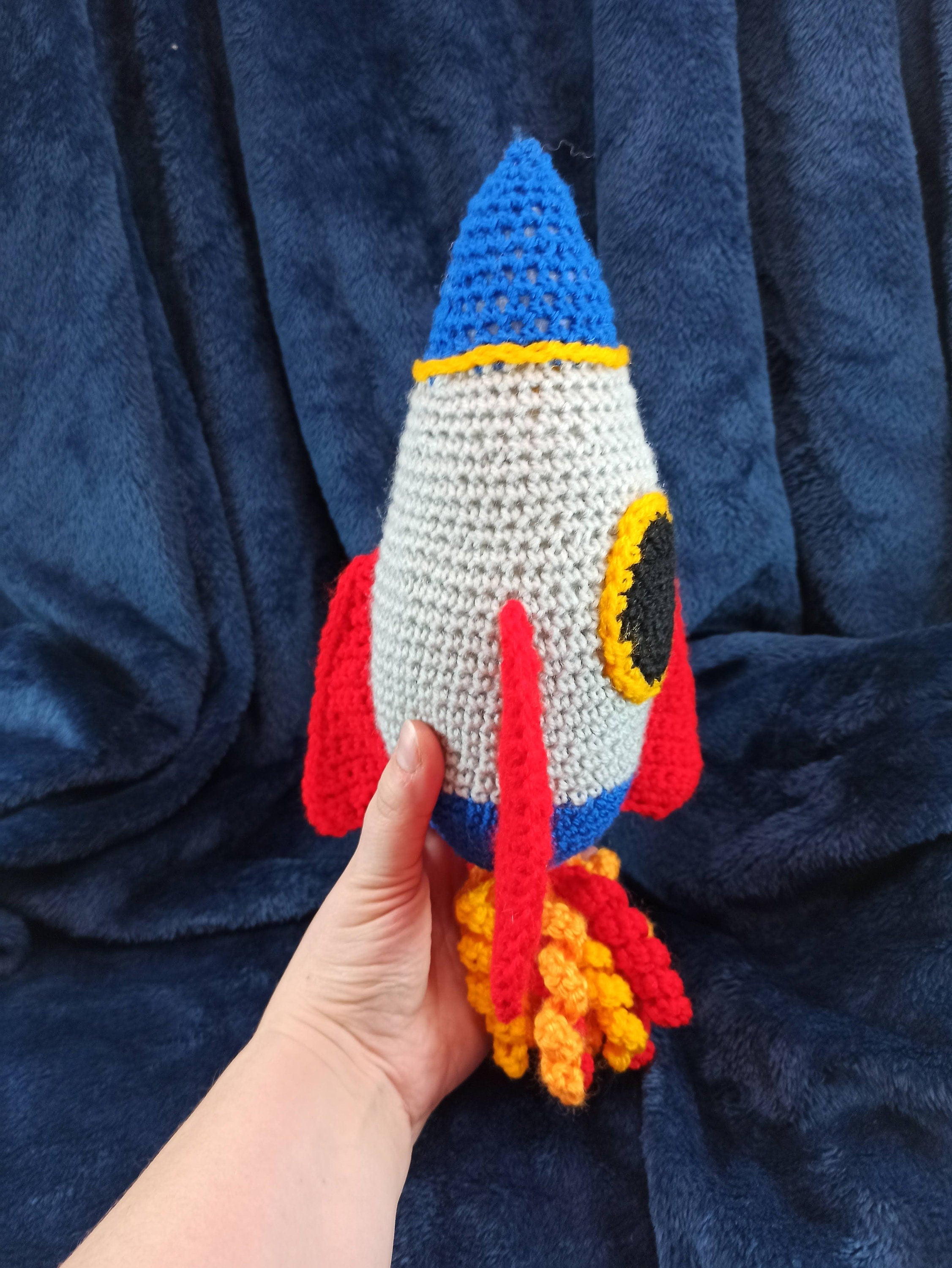 Cuddly Rocket crochet soft plush toy, plushies outer space, spacecraft, space planets moon stars