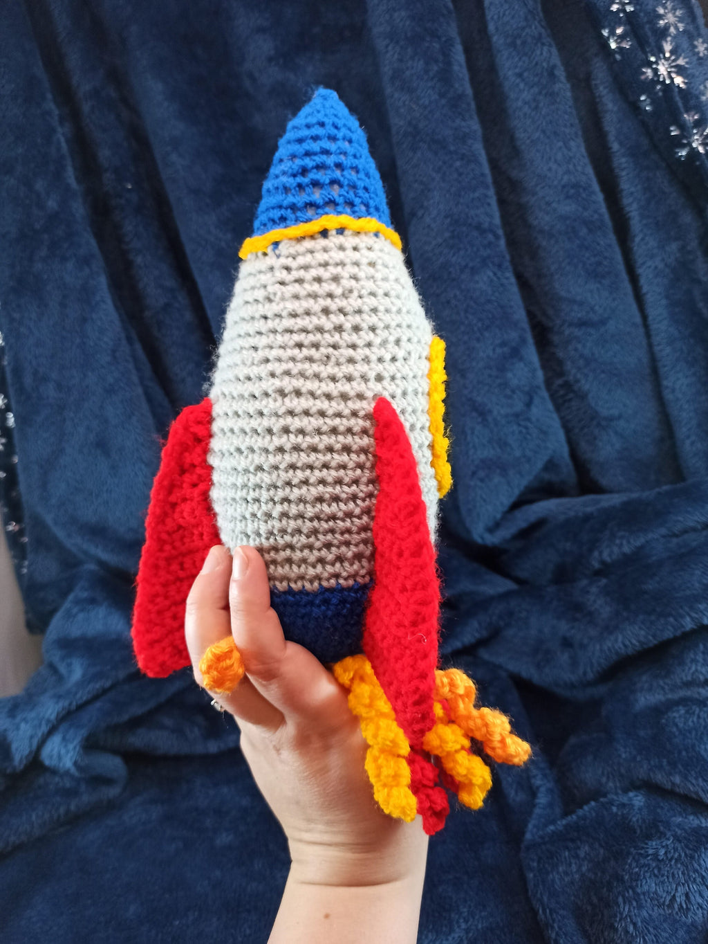 Cuddly Rocket crochet soft plush toy, plushies outer space, spacecraft, space planets moon stars
