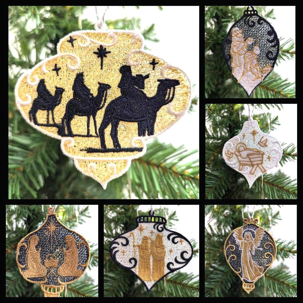 Hanging nativity decoration, machine embroidery, first Christmas