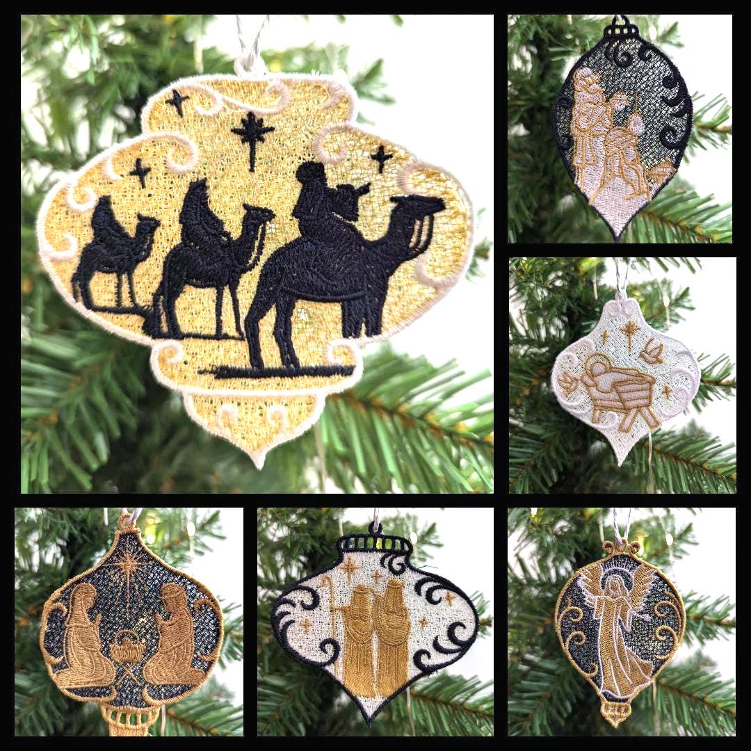 Hanging nativity decoration, machine embroidery, first Christmas