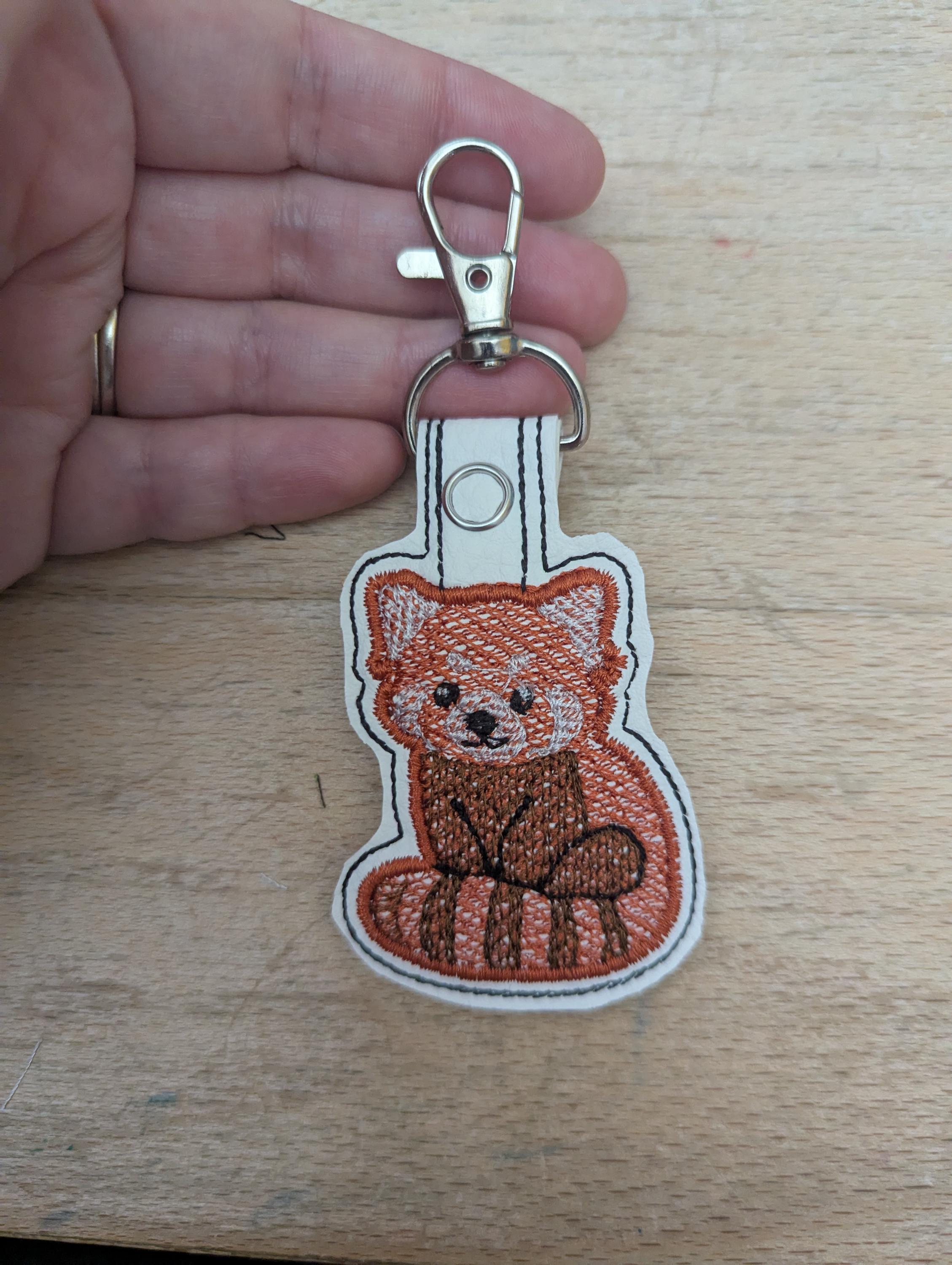Red Panda keychain, machine embroidered keyring