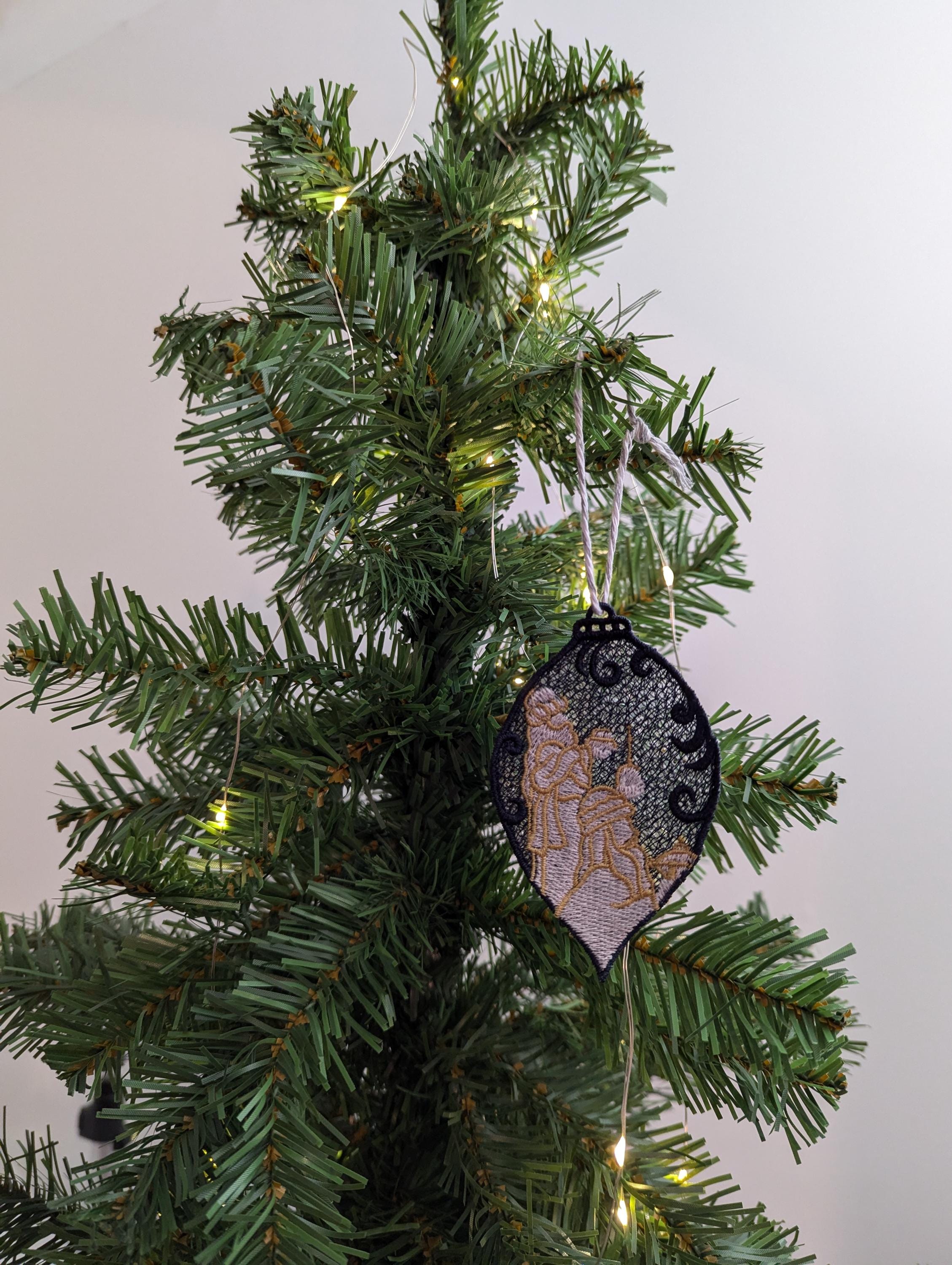 Hanging nativity decoration, machine embroidery, first Christmas