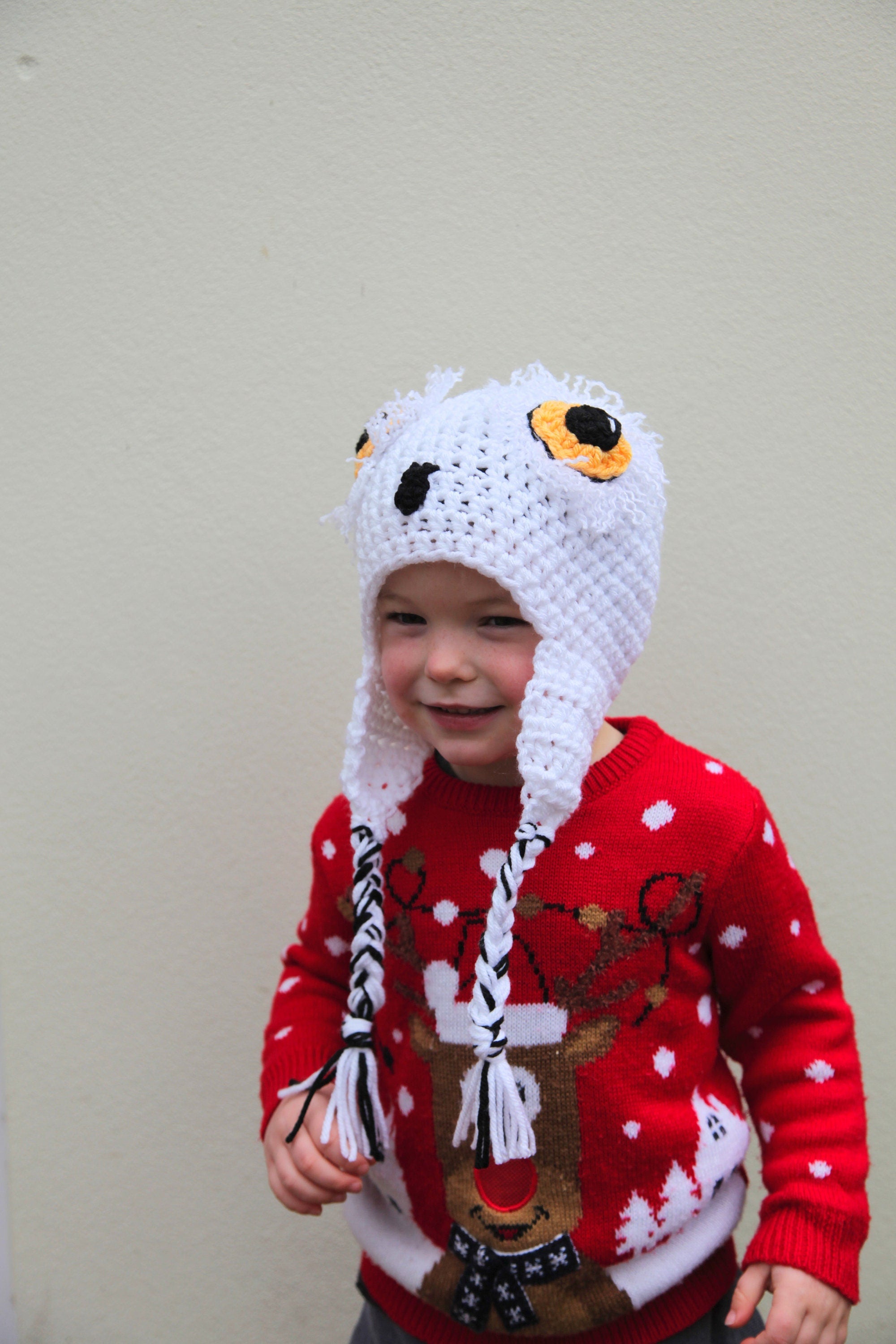 Crochet snowy owl hat, baby, toddler, child, adult sizes, novelty winter hat