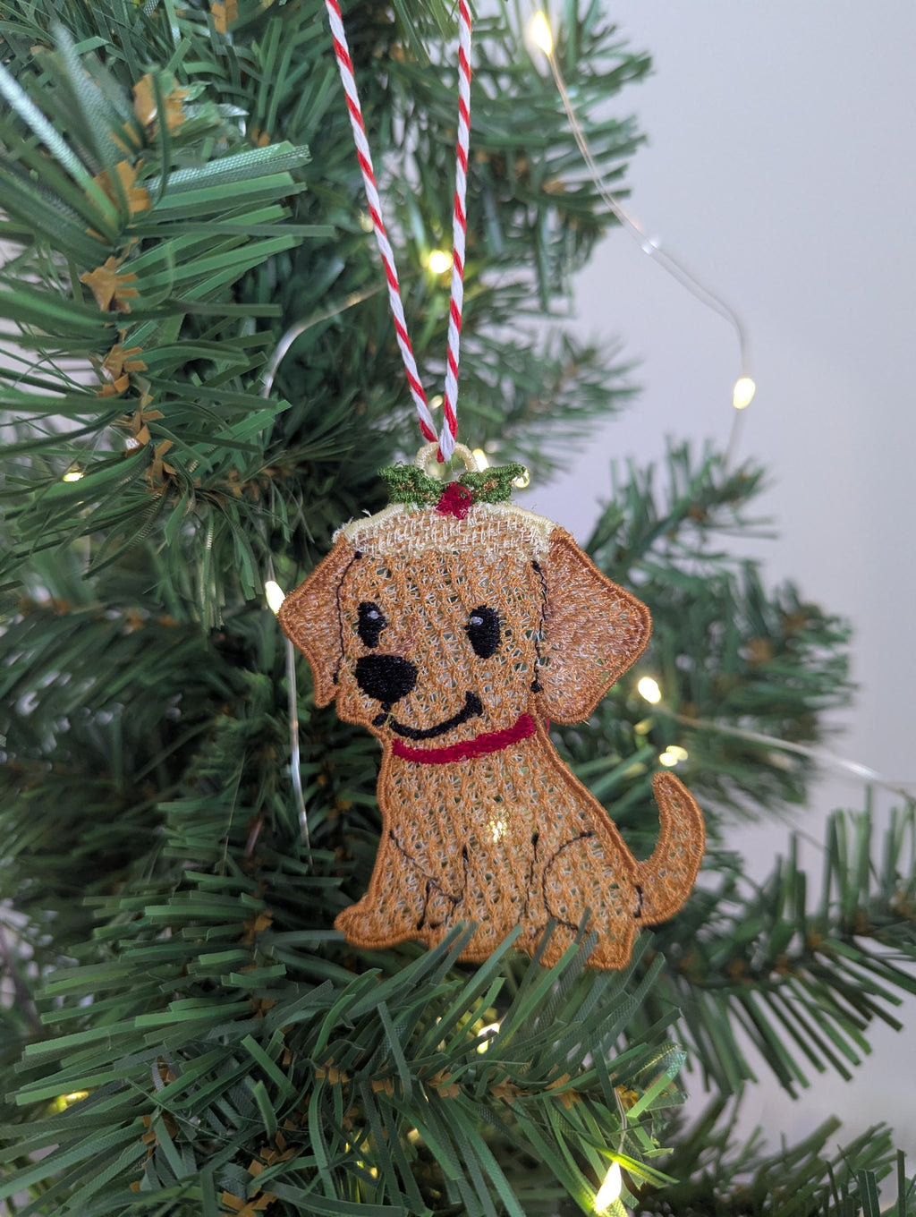 Embroidered hanging Labrador Christmas decorations, machine embroidery