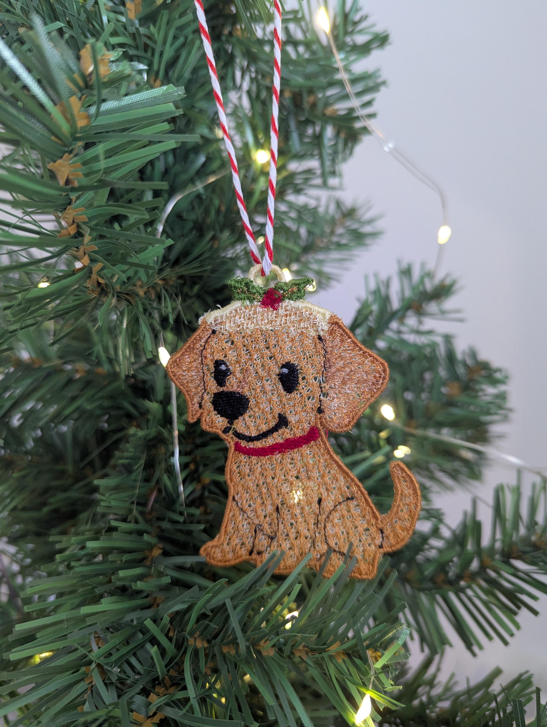 Embroidered hanging Labrador Christmas decorations, machine embroidery