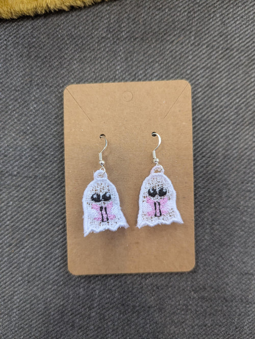 Book Lover Ghost Earrings: Embroidered Acrylic Thread Dangle Earrings