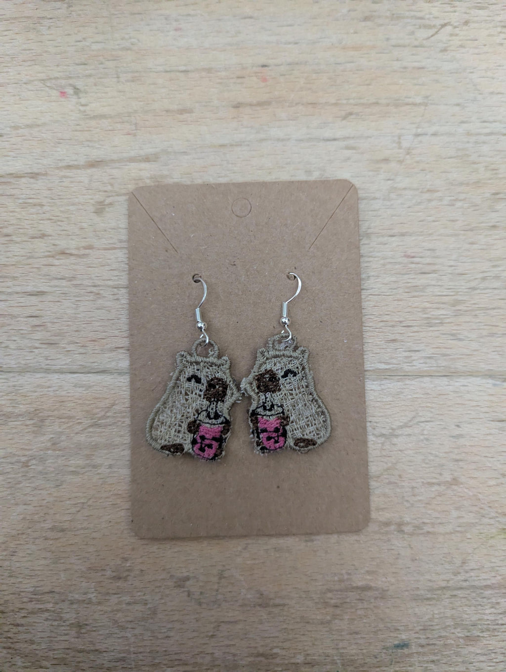 Embroidered Capybara Bubble Tea Earrings: Sterling Silver Hooks