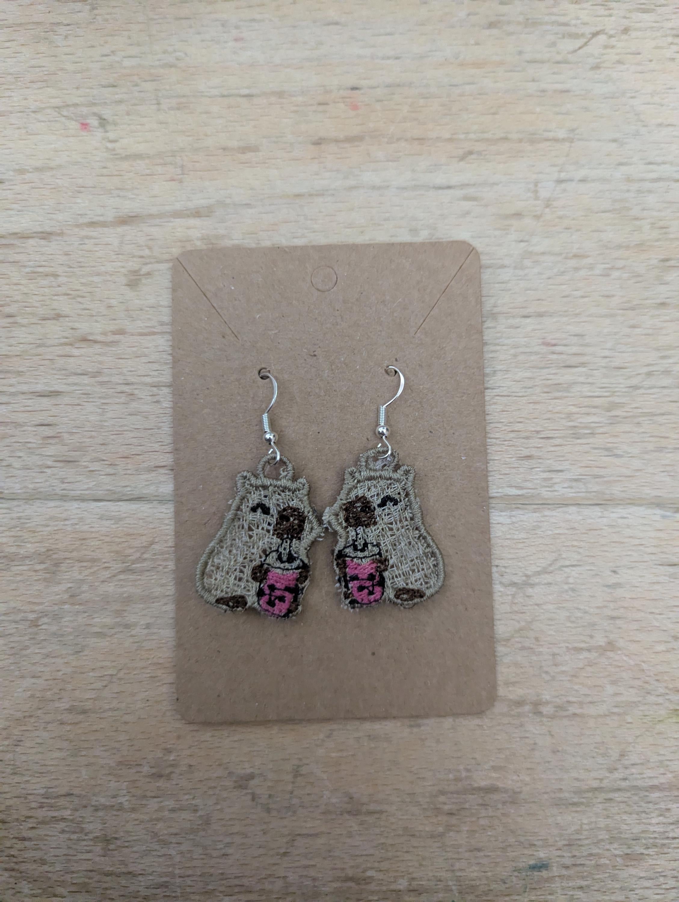 Embroidered Capybara Bubble Tea Earrings: Sterling Silver Hooks