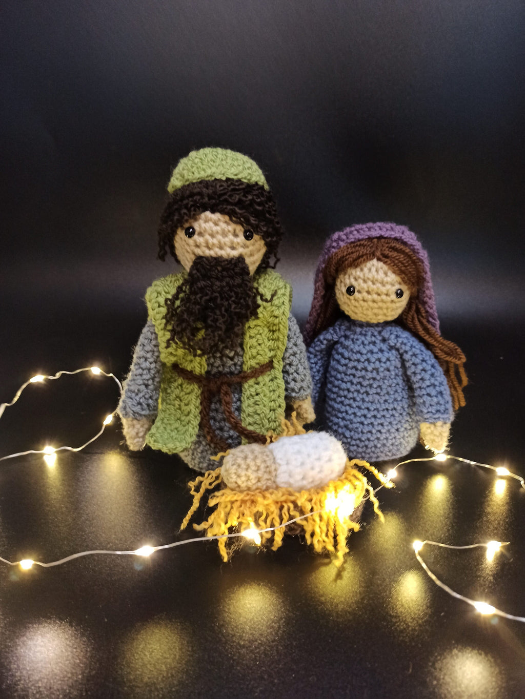 Handmade Crochet Nativity Set: Mary, Joseph, Jesus, Manger
