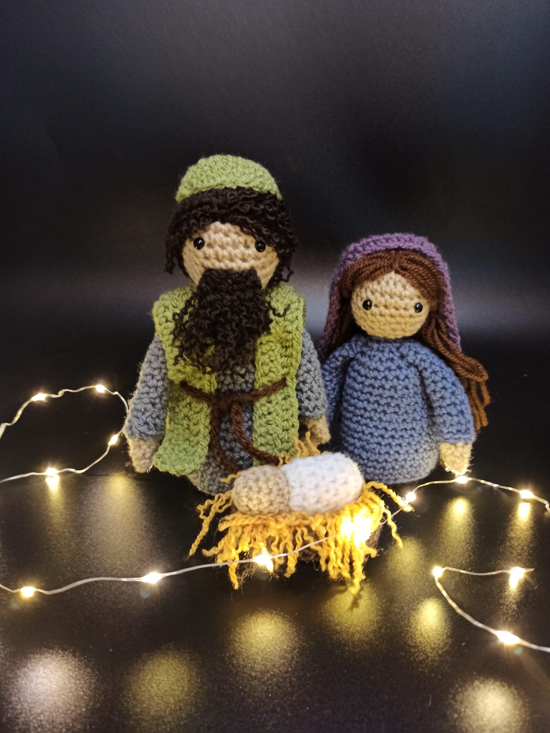 Handmade Crochet Nativity Set: Mary, Joseph, Jesus, Manger