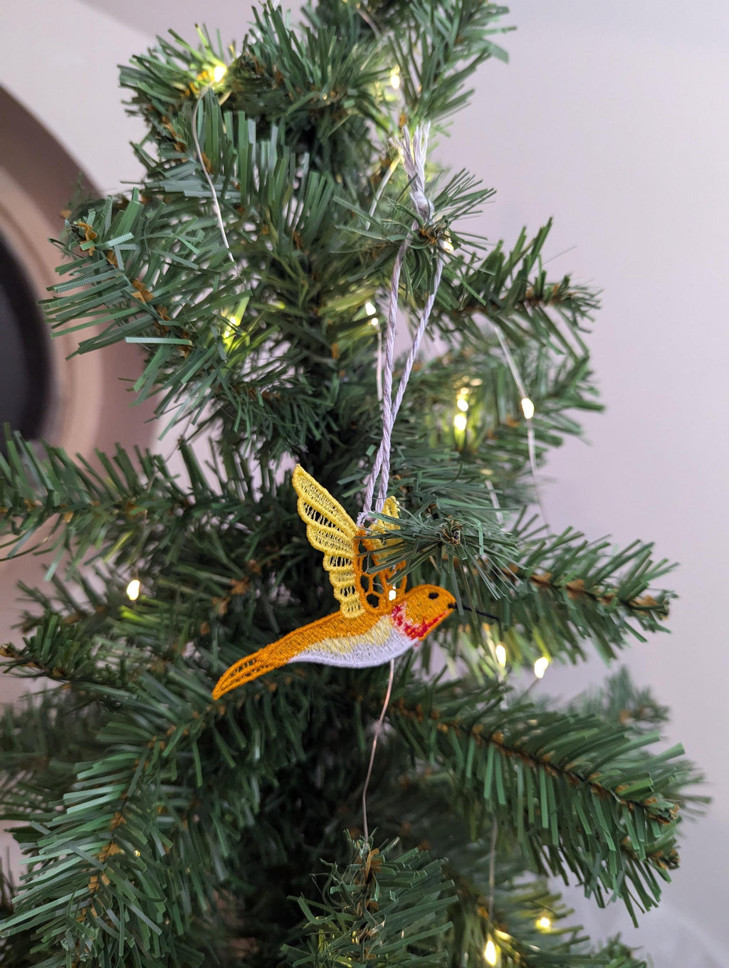 Lace Hummingbird Ornament: Machine Embroidery Hanging Decoration