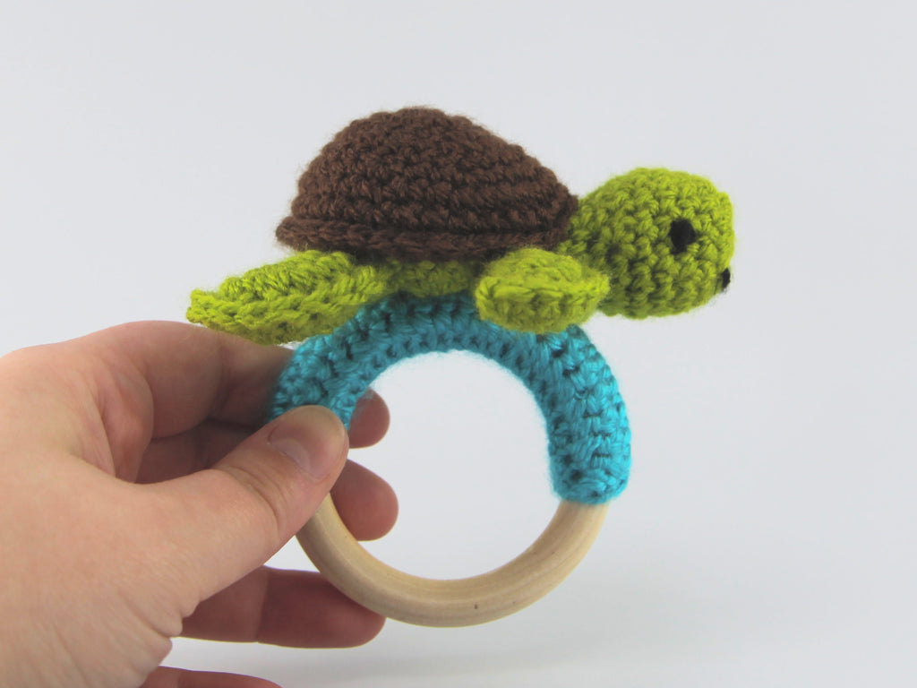 Crochet Turtle Teething Ring, Rattle, Wooden Baby Teether