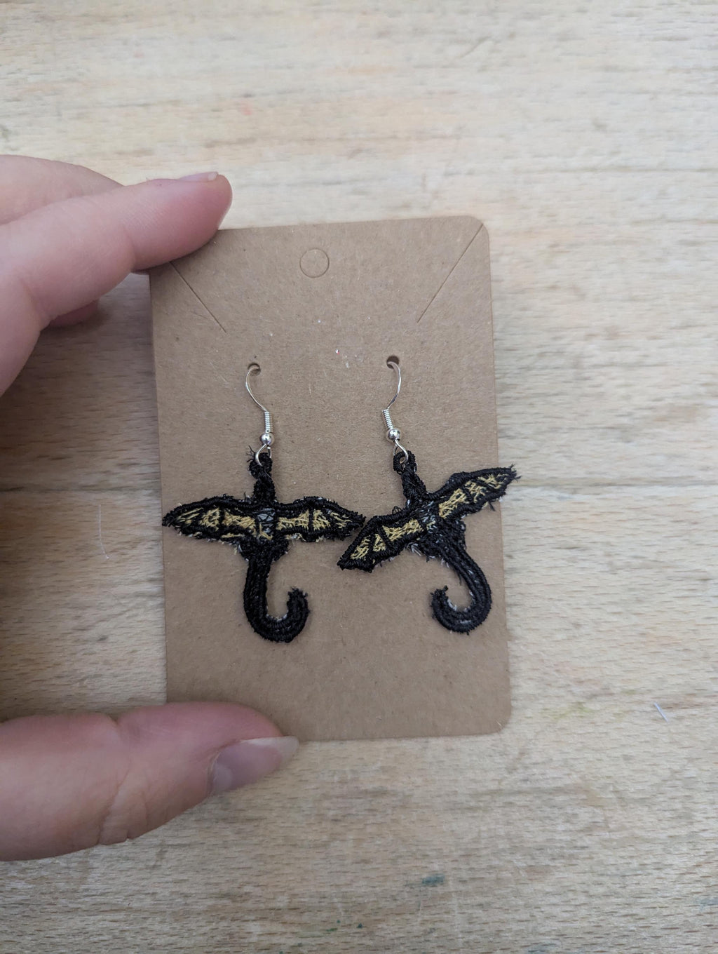 Dragon earrings, machine embroidered gift for women girls,  present jewellery drop dangle earrings