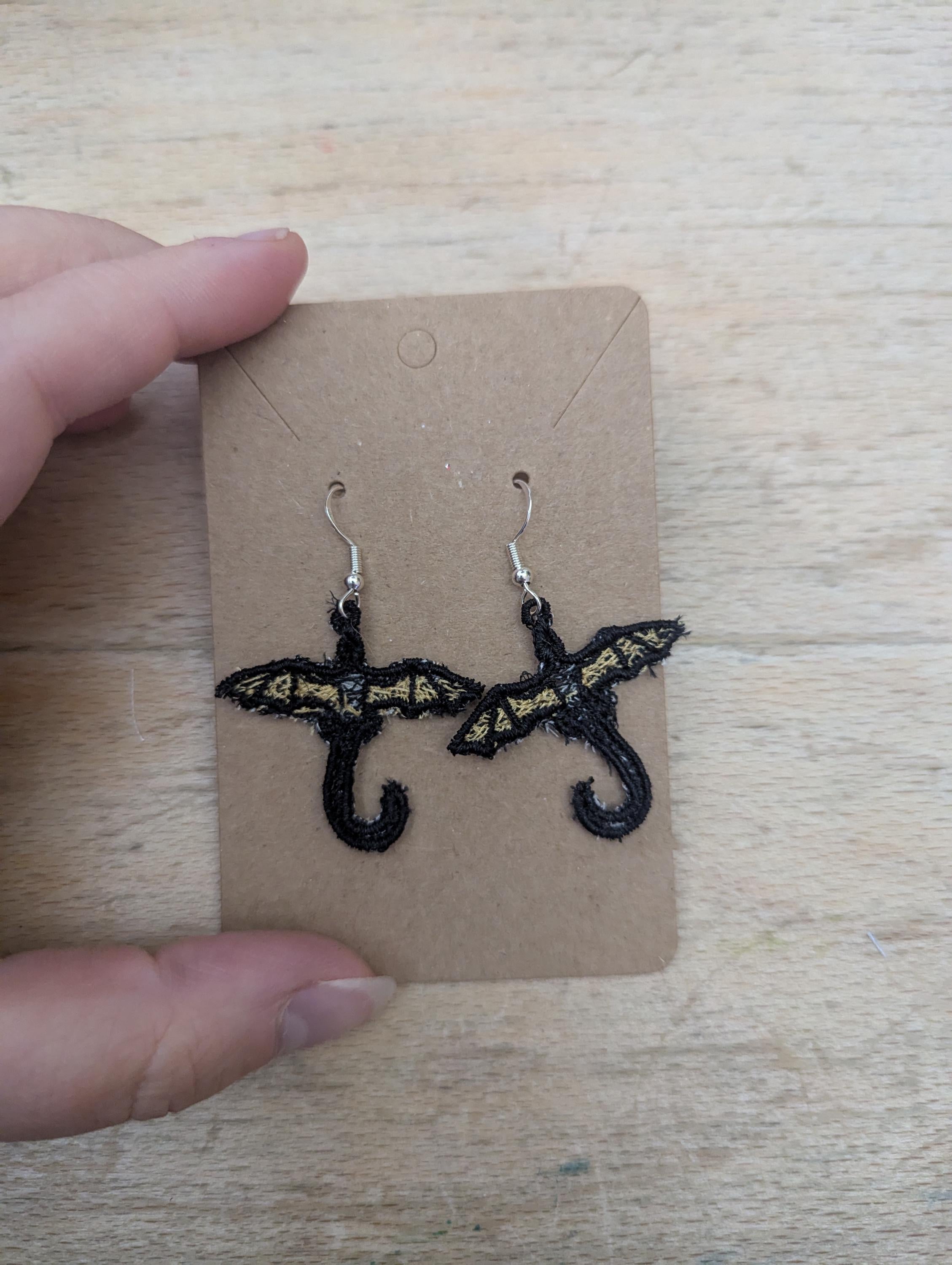 Dragon earrings, machine embroidered gift for women girls,  present jewellery drop dangle earrings