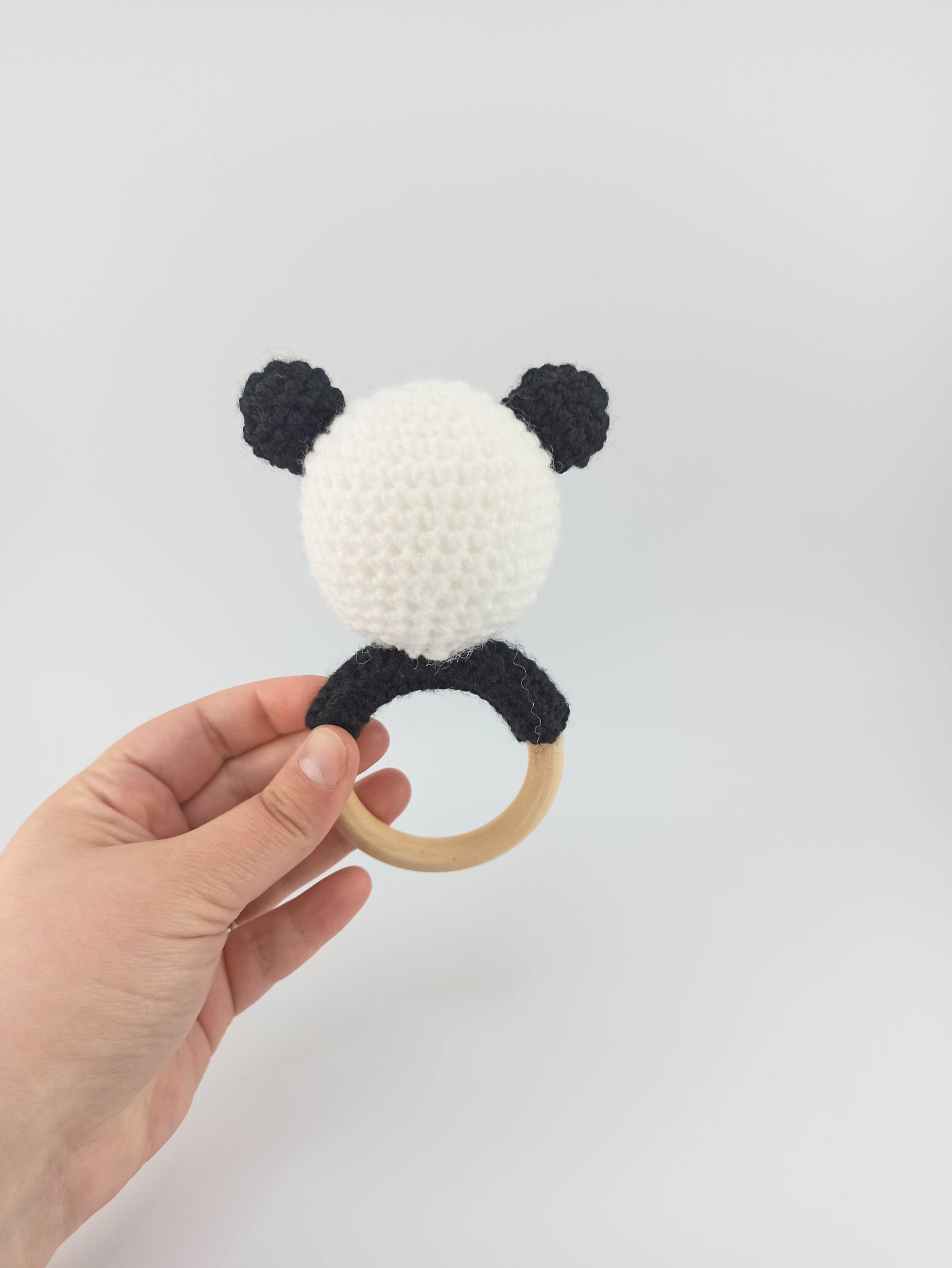 Crochet Panda Teether: Wooden Rattle Ring, Newborn Gift