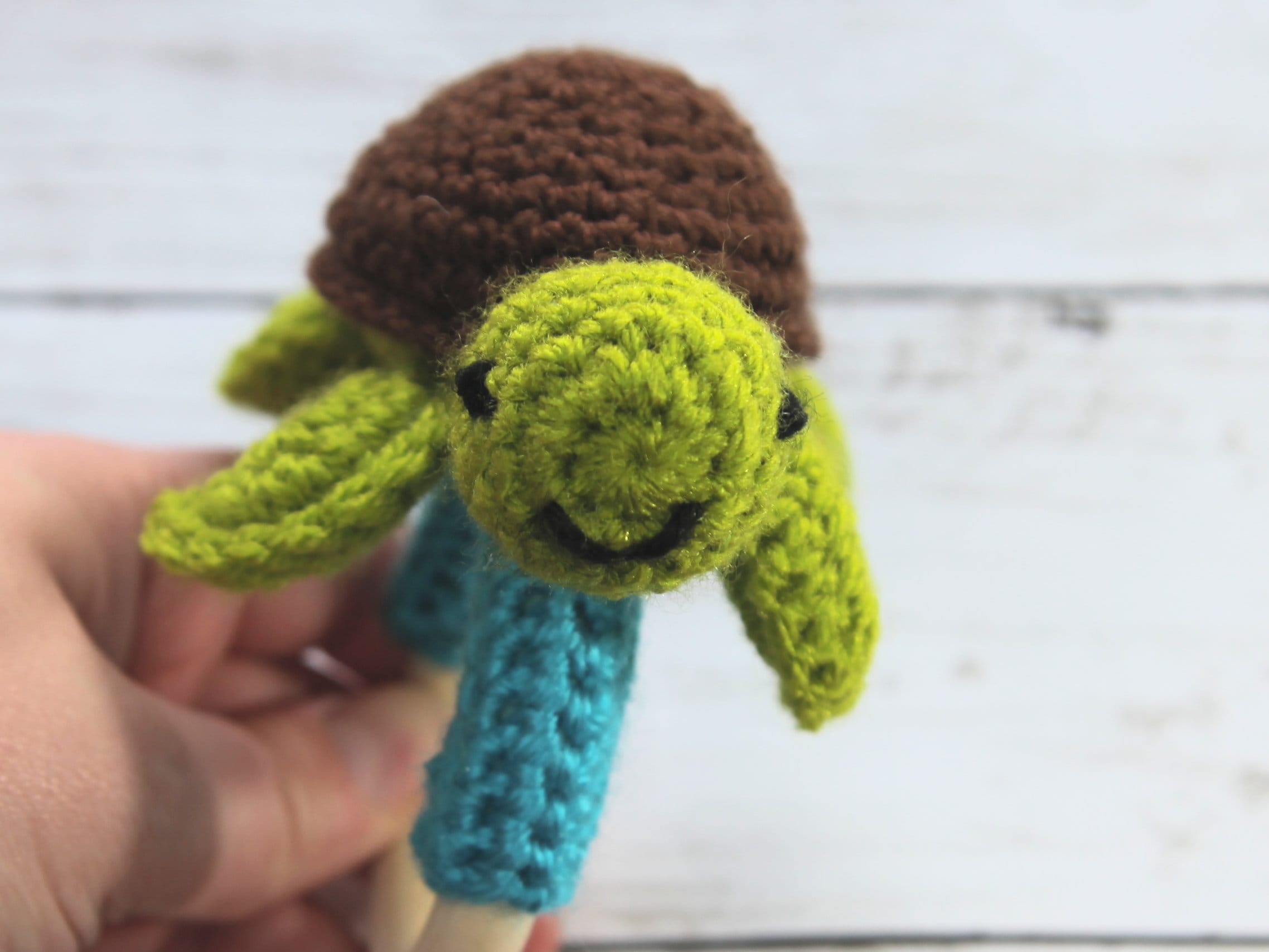 Crochet Turtle Teething Ring, Rattle, Wooden Baby Teether