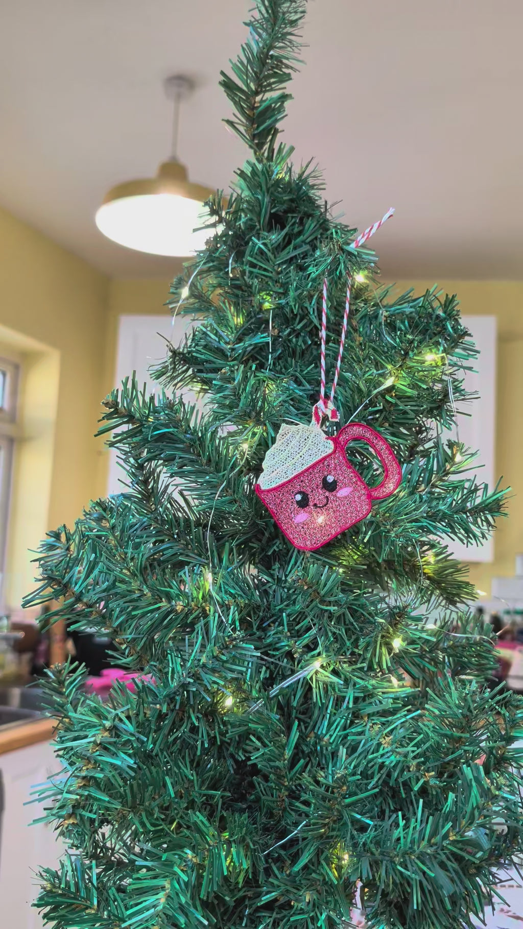 Embroidered Hot Chocolate Ornament, Cute Kawaii Cocoa Mug Tree Decor, Candy Cane Coffee Bauble