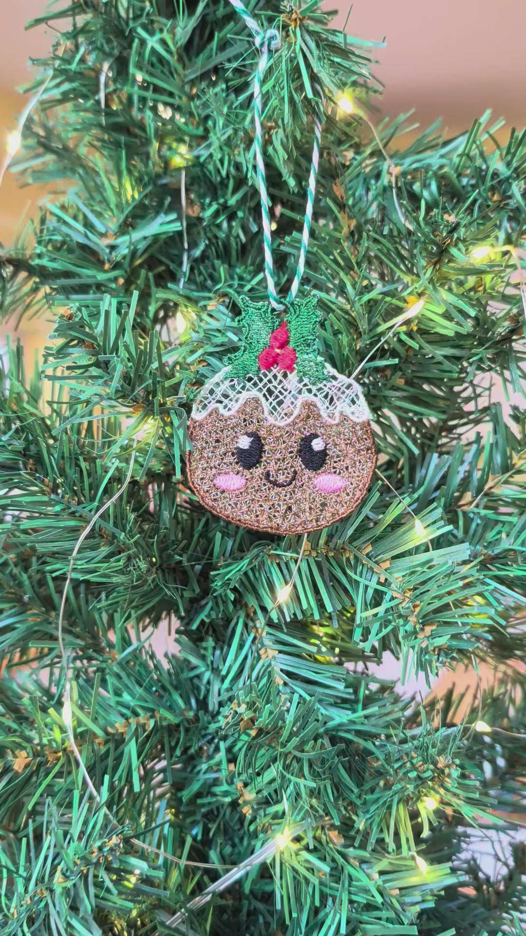 Freestanding Lace Christmas Pudding Ornament, Cute Kawaii Xmas Pudding Bauble, Embroidered Holiday Food Tree Decor