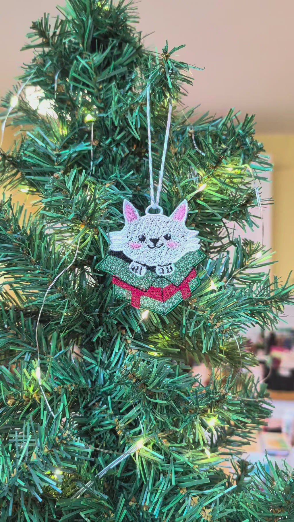 Embroidered Cat in Gift Box Ornament, Cute Kawaii Kitten Tree Decor, Festive Pet Keepsake
