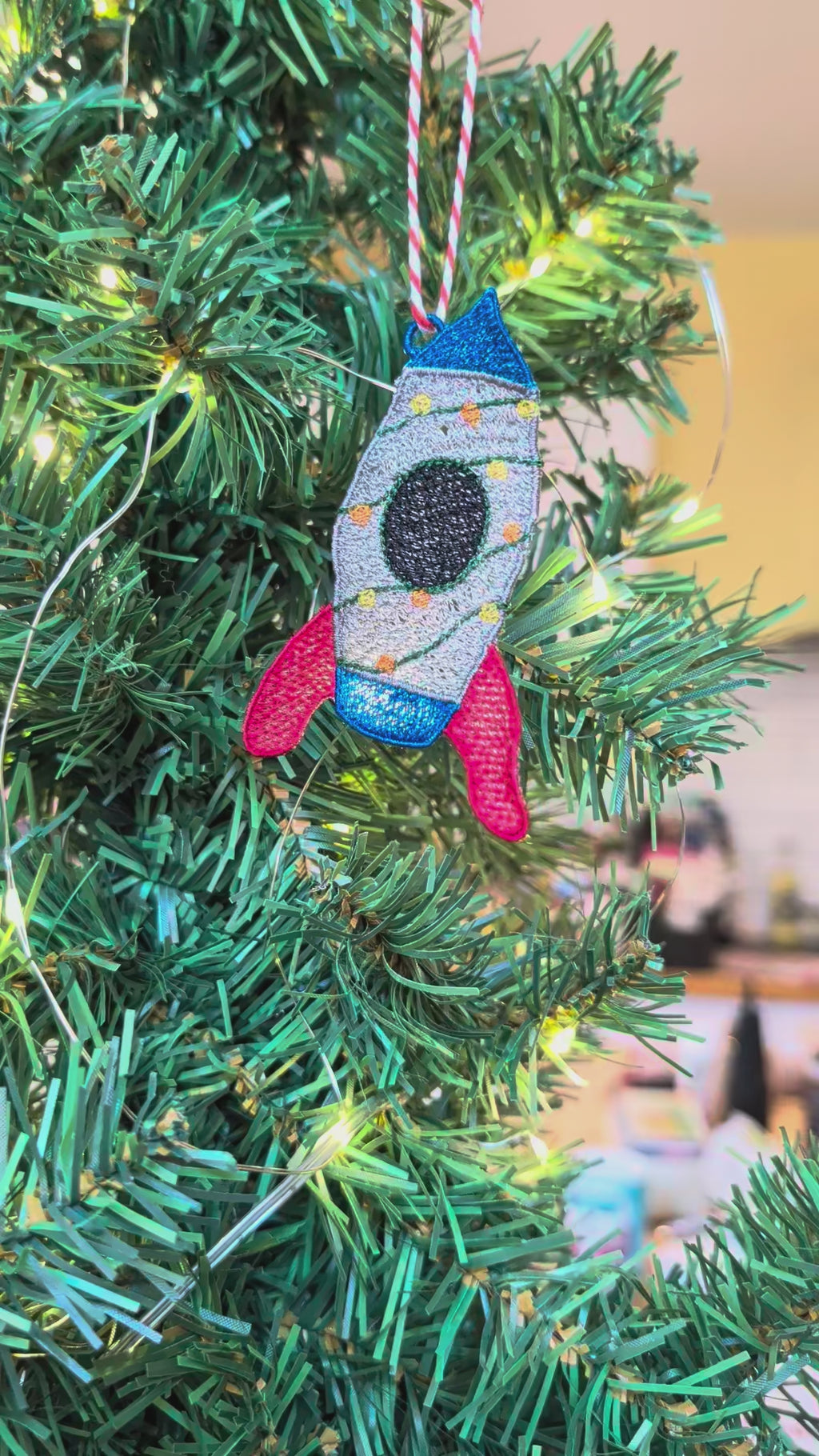 Embroidered Rocket Christmas Ornament, Space Ship Bauble with Fairy Lights, Retro Sci-Fi Tree Decoration
