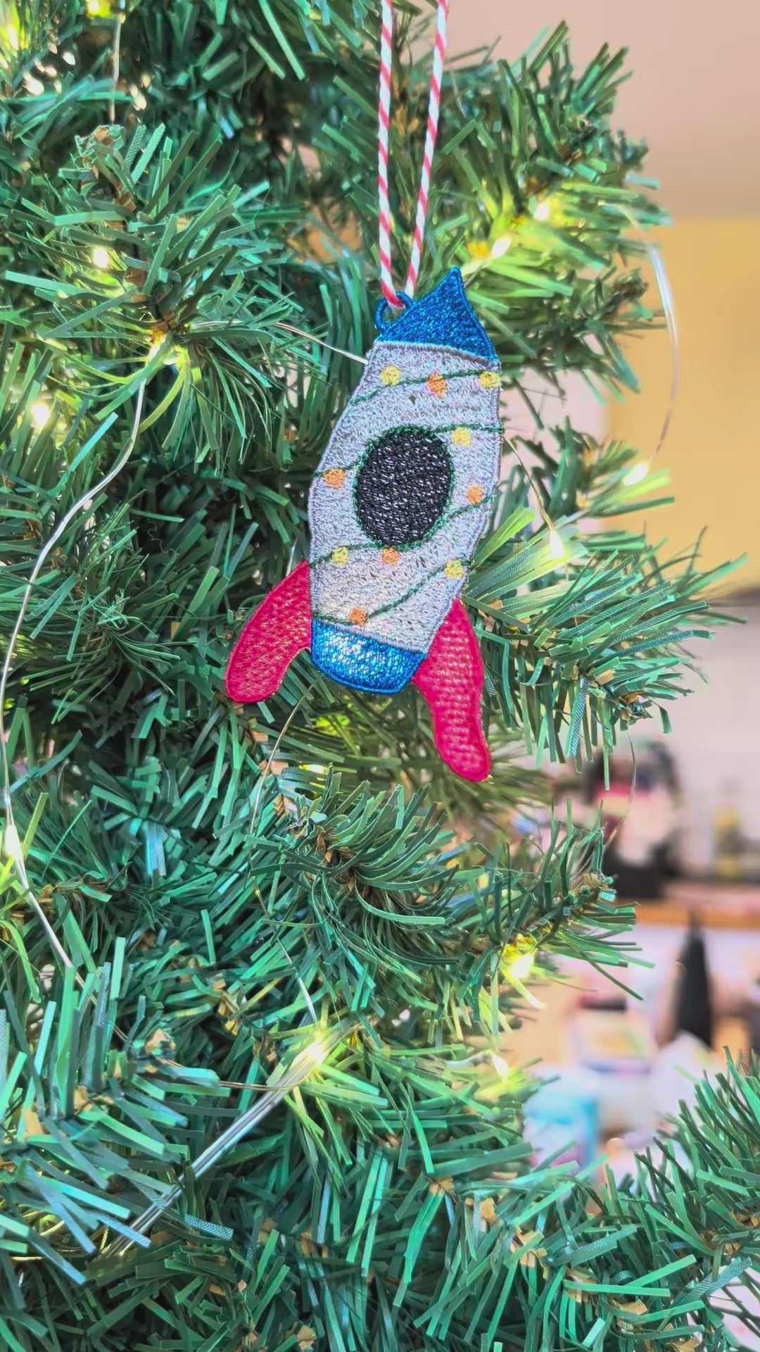 Embroidered Rocket Christmas Ornament, Space Ship Bauble with Fairy Lights, Retro Sci-Fi Tree Decoration