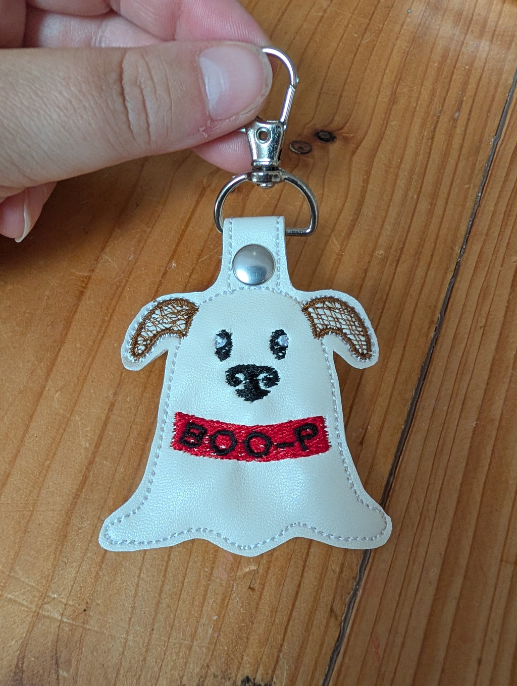 Ghost Dog "BOO-P" Embroidered Faux Leather Keychain / Bag Charm