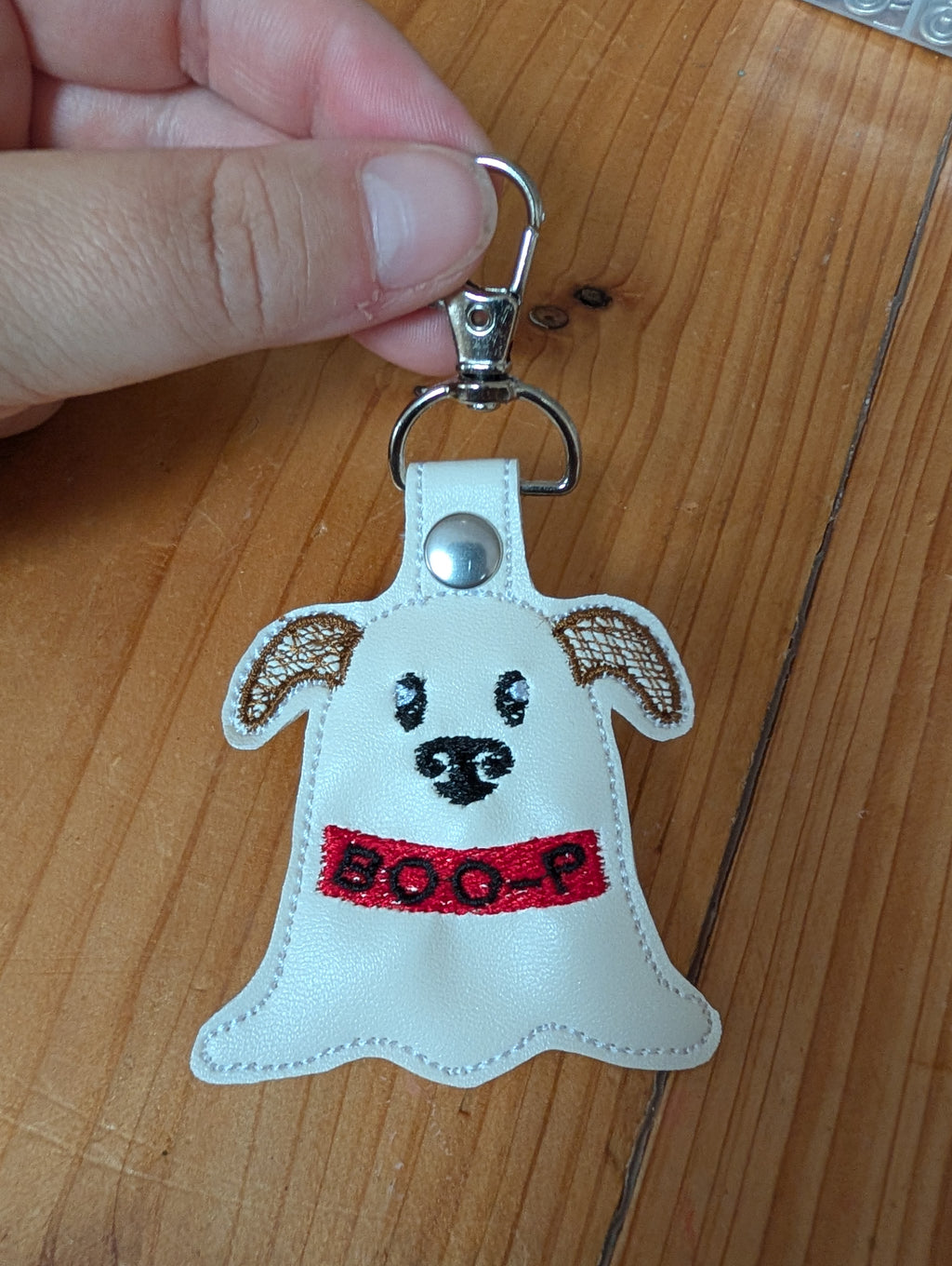 Ghost Dog "BOO-P" Embroidered Faux Leather Keychain / Bag Charm